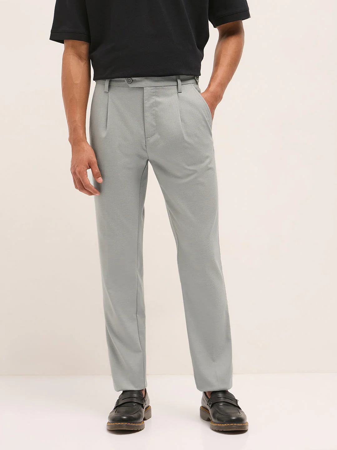 Men Light Grey Textured Weave Regular Fit Formal Trousers - Image 7