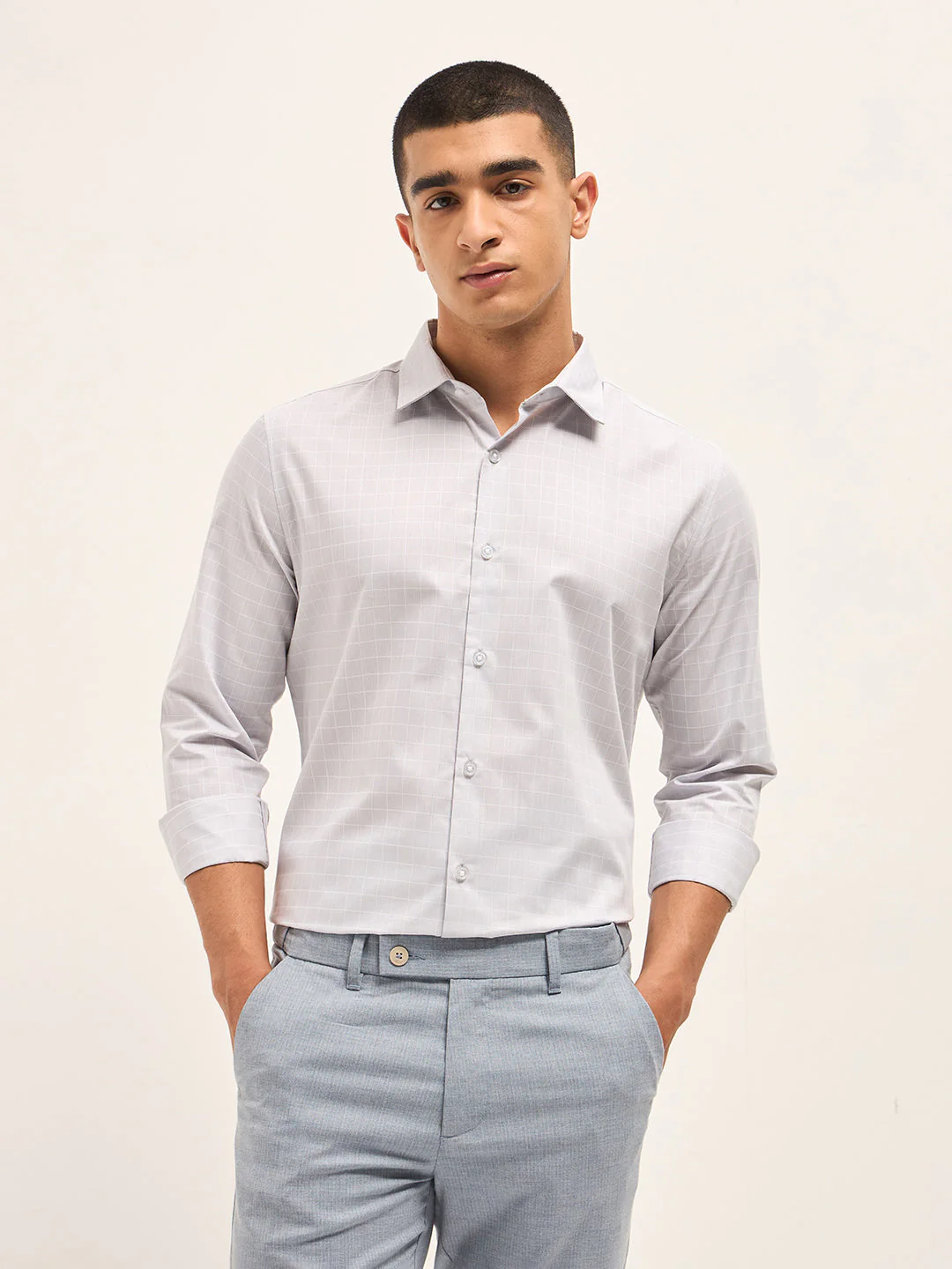 Men Light Grey Windowpane Checks Tailored Fit Formal Shirt