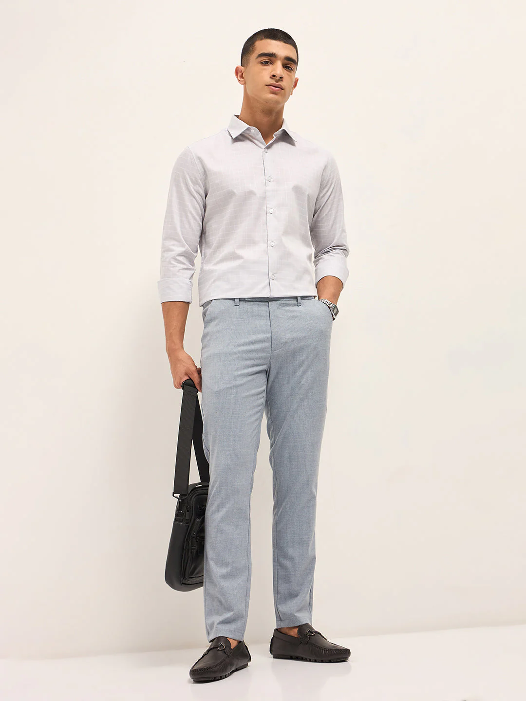 Men Light Grey Windowpane Checks Tailored Fit Formal Shirt - Image 4