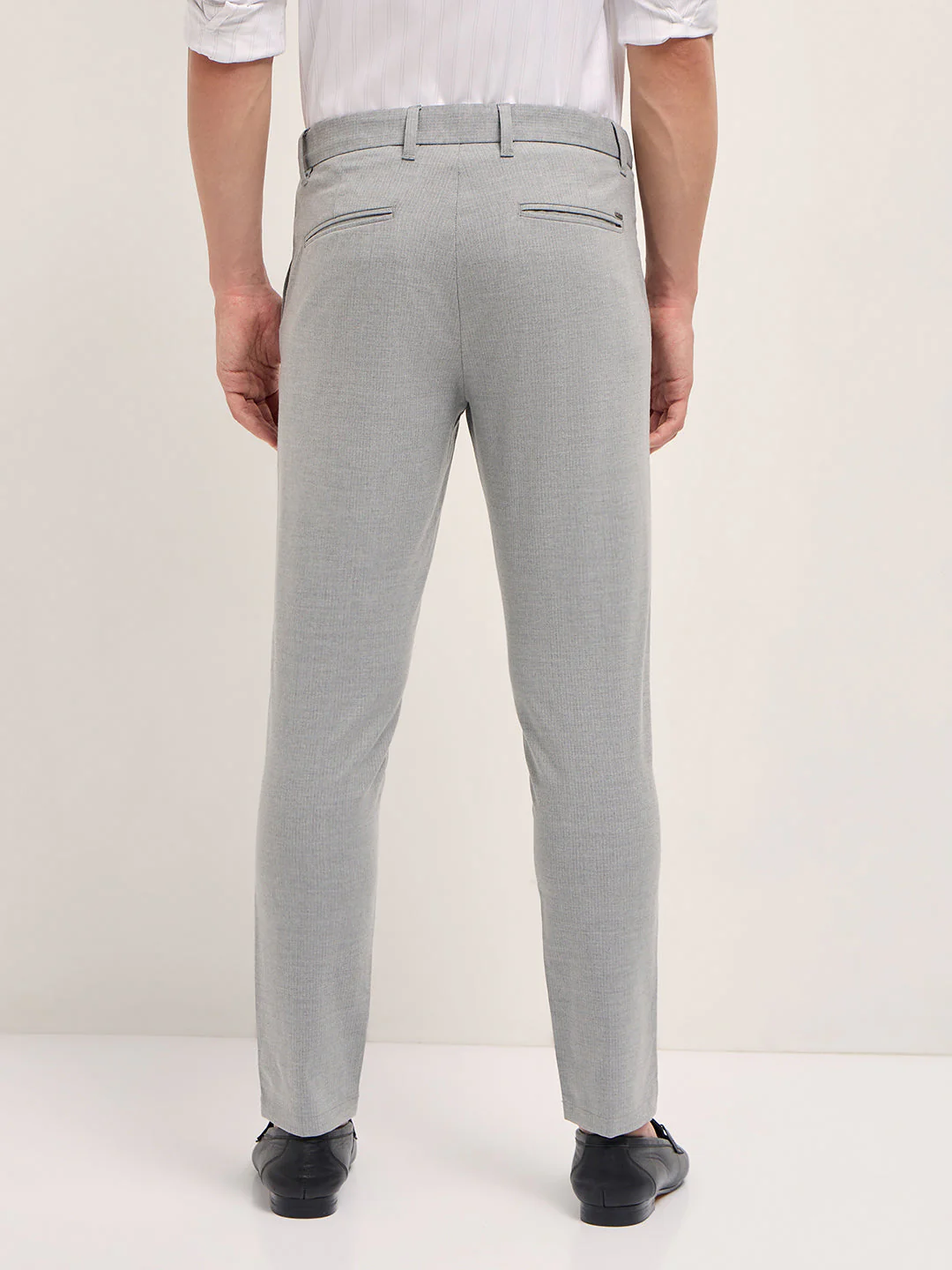 Men Light Grey Woven Pinstripe Slim Fit Formal Trousers - Image 2
