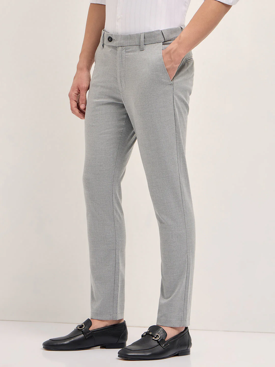 Men Light Grey Woven Pinstripe Slim Fit Formal Trousers - Image 3