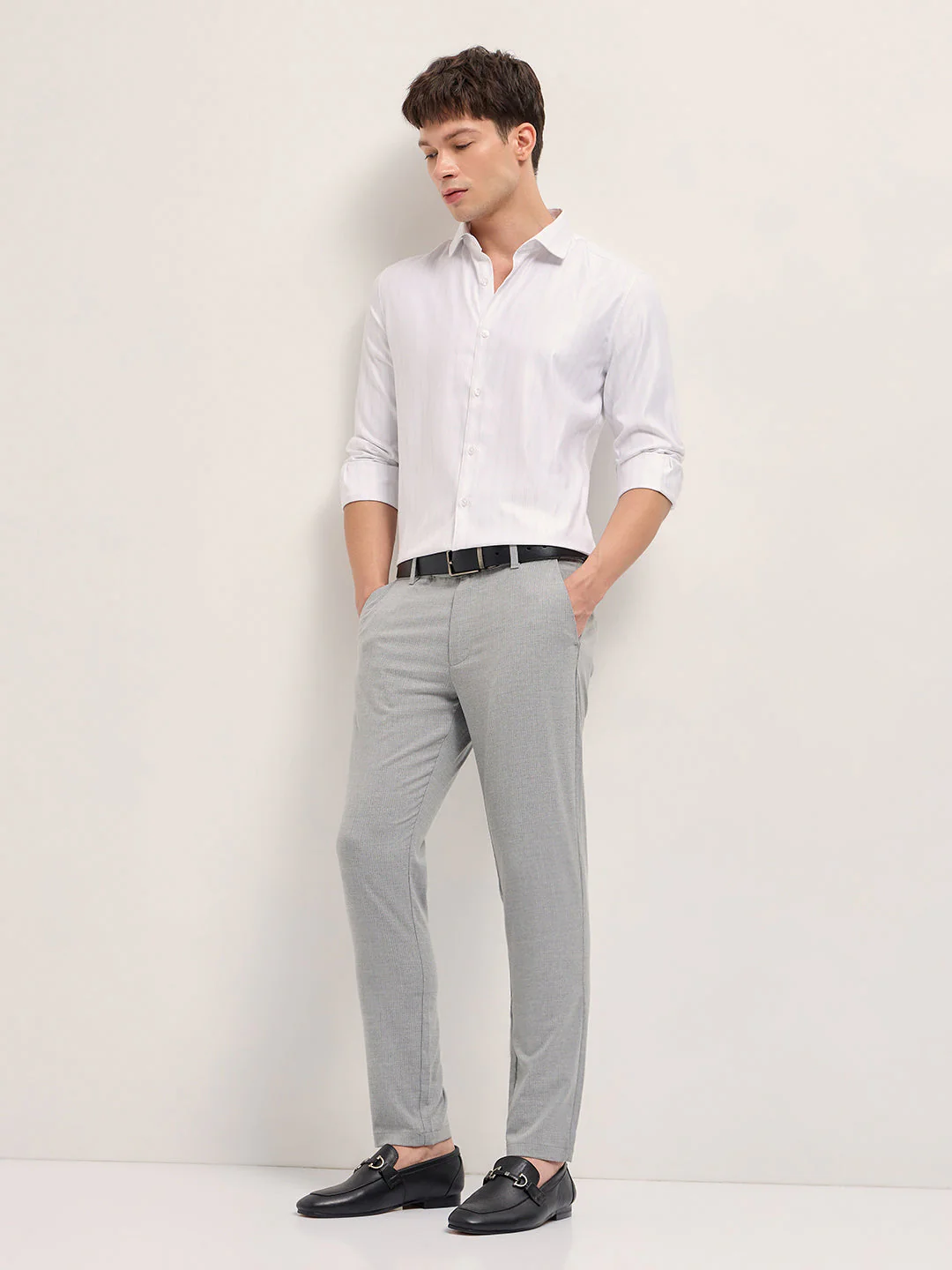 Men Light Grey Woven Pinstripe Slim Fit Formal Trousers - Image 4