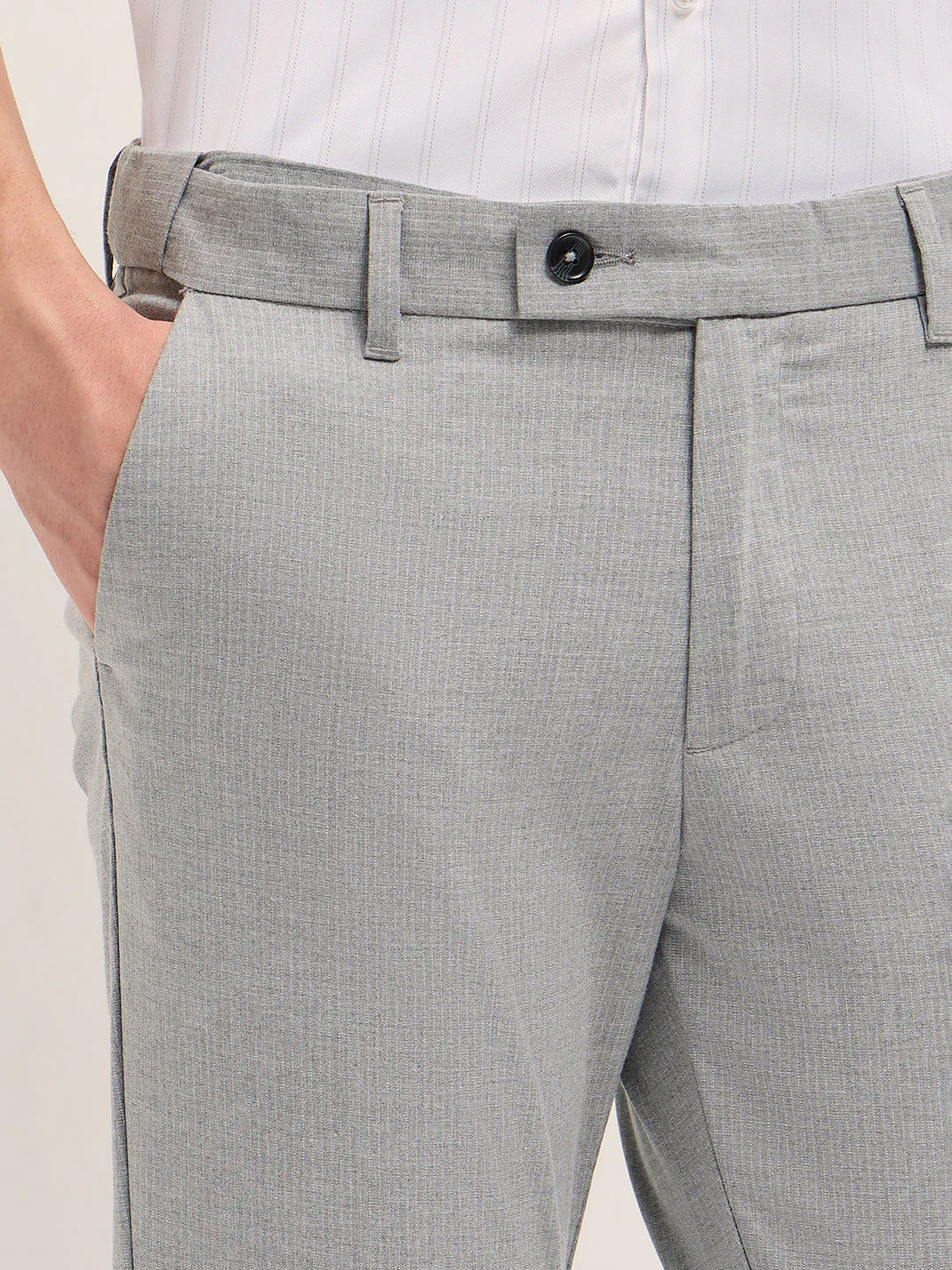 Men Light Grey Woven Pinstripe Slim Fit Formal Trousers - Image 5
