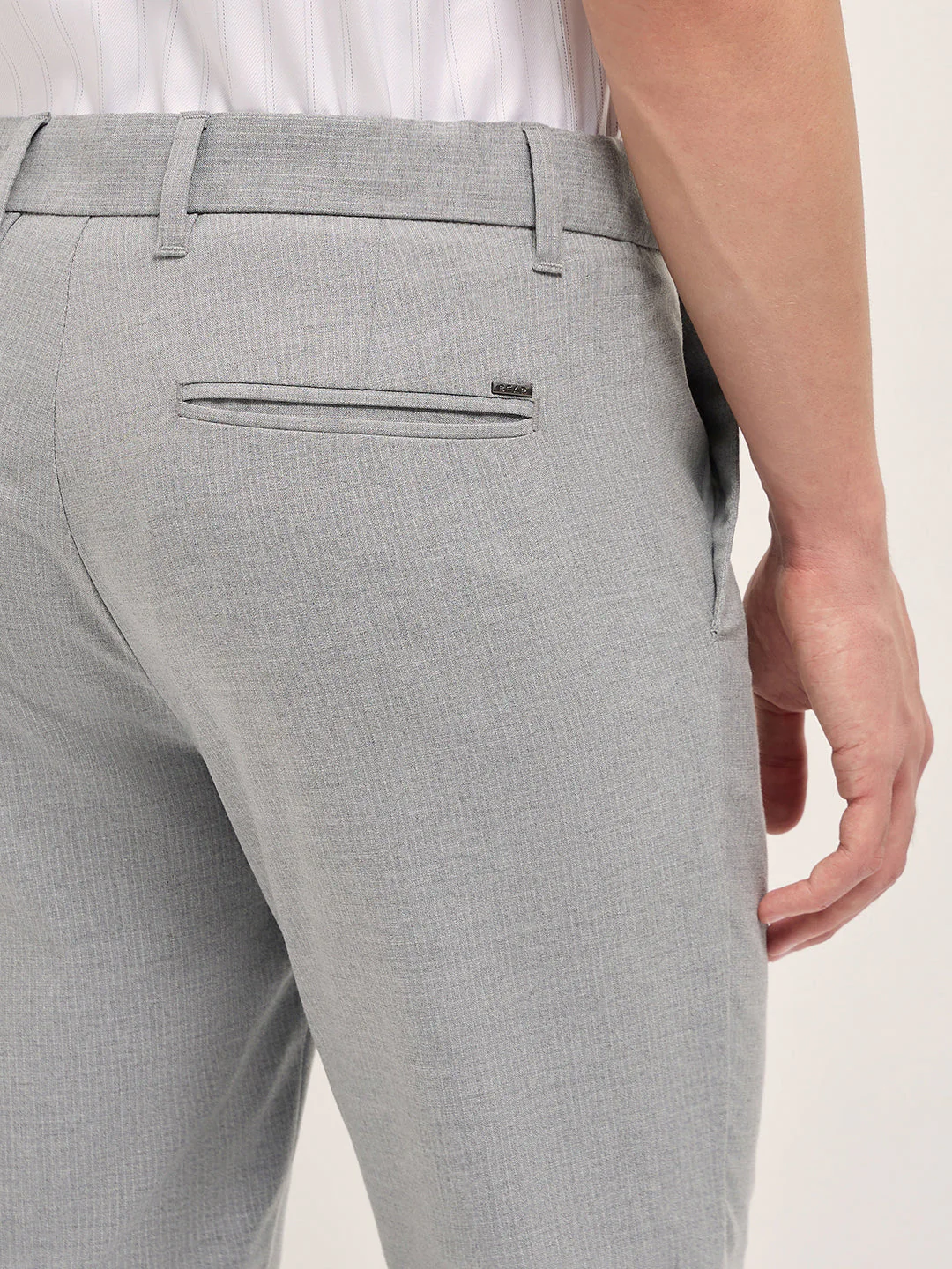 Men Light Grey Woven Pinstripe Slim Fit Formal Trousers - Image 6