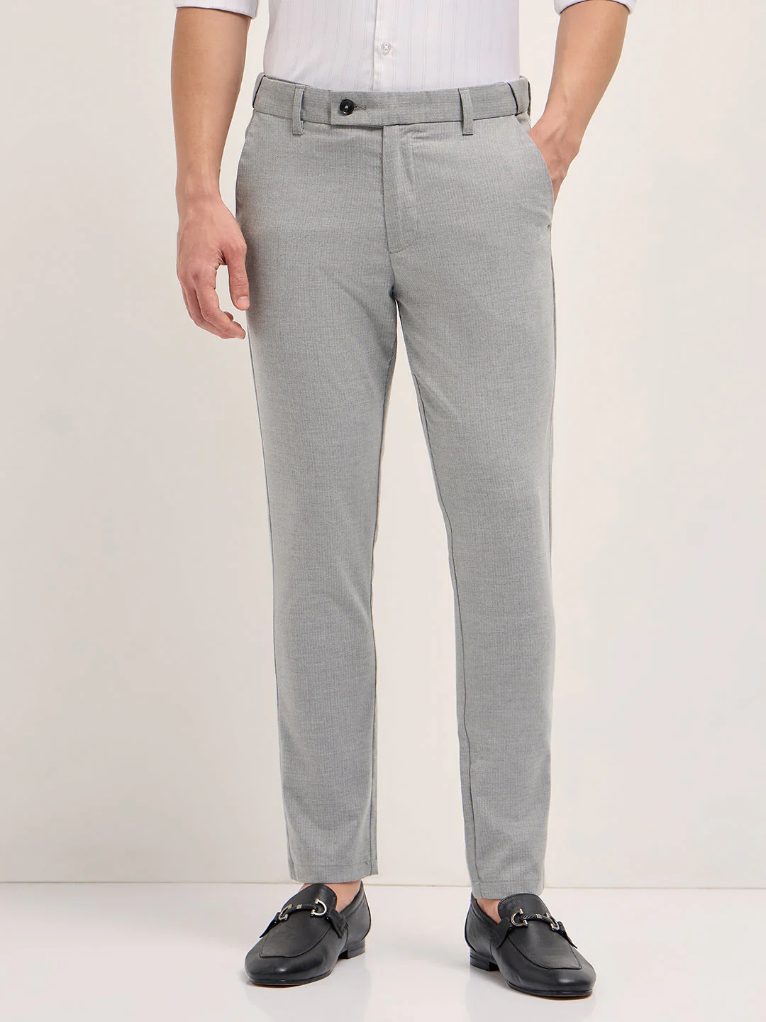 Men Light Grey Woven Pinstripe Slim Fit Formal Trousers - Image 7