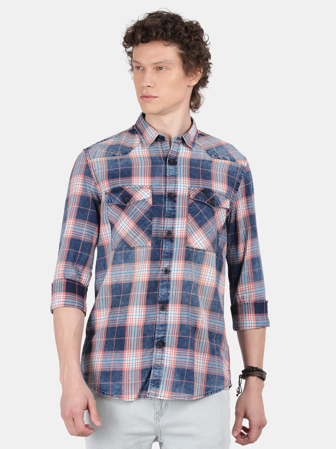 Men Navy Blue Slim Fit Spread Collar Full Sleeve Casual Shirt - Image 2