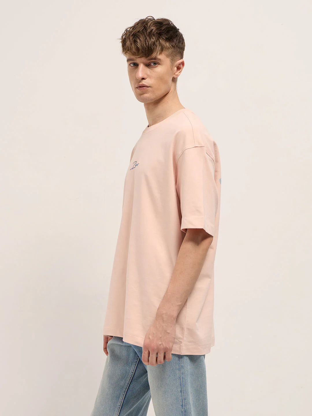 Men Light Pink Graphic Back Print Oversized Crew Neck T-Shirt - Image 2