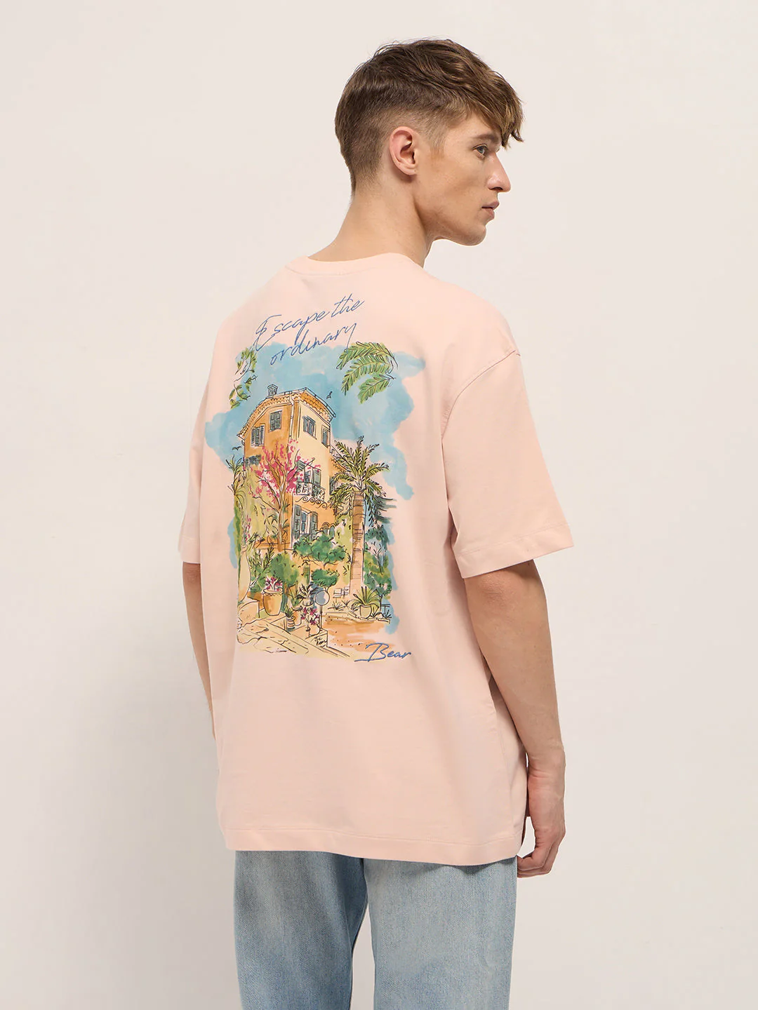 Men Light Pink Graphic Back Print Oversized Crew Neck T-Shirt - Image 3