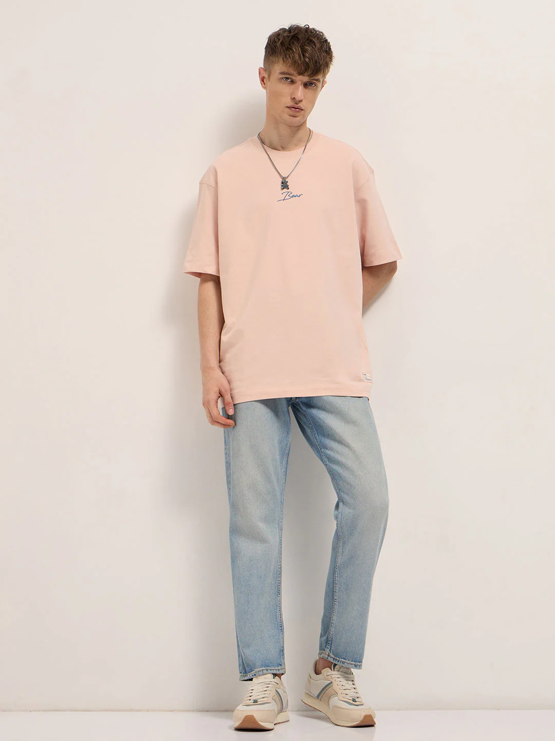 Men Light Pink Graphic Back Print Oversized Crew Neck T-Shirt - Image 4