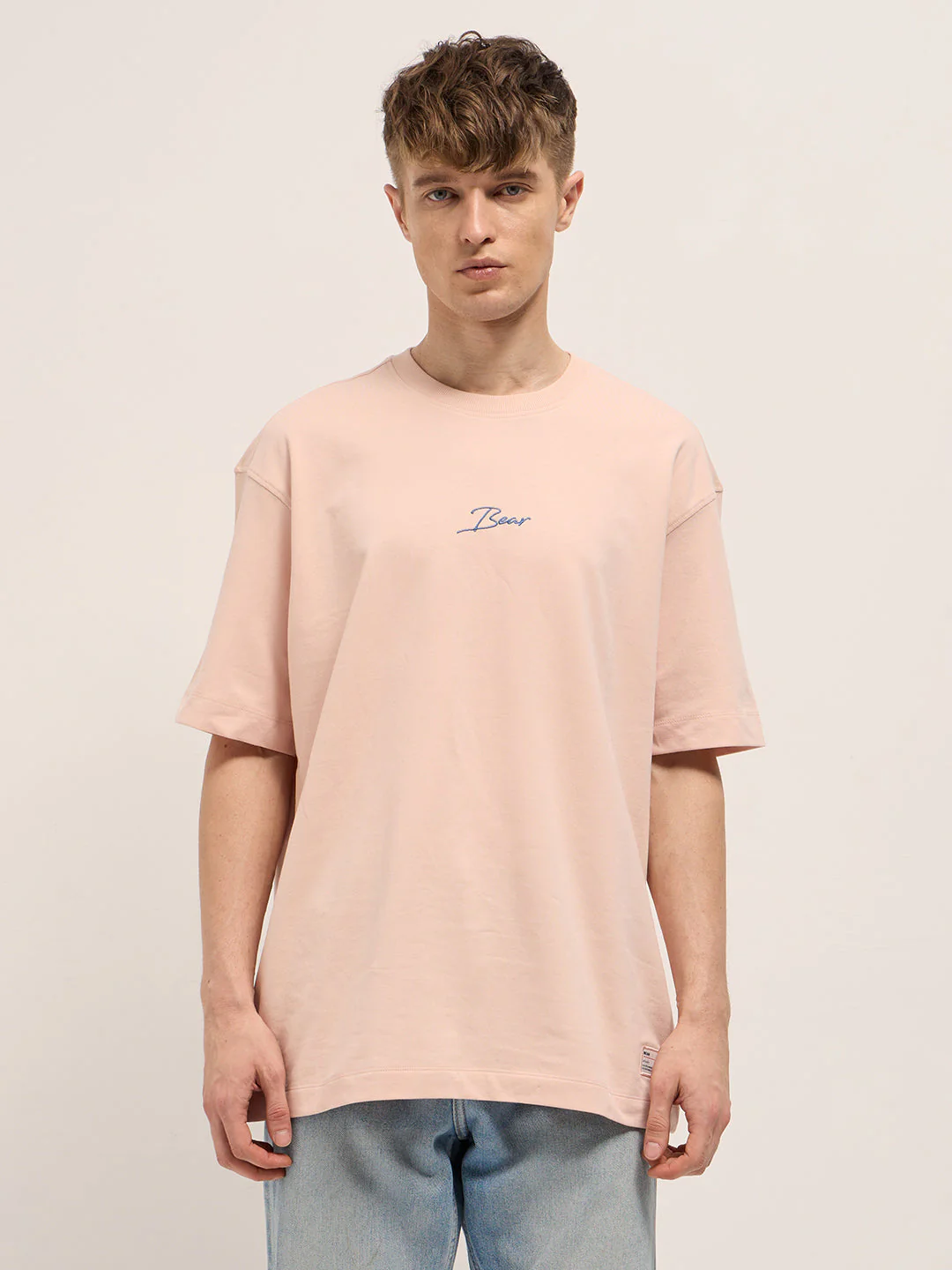 Men Light Pink Graphic Back Print Oversized Crew Neck T-Shirt - Image 6