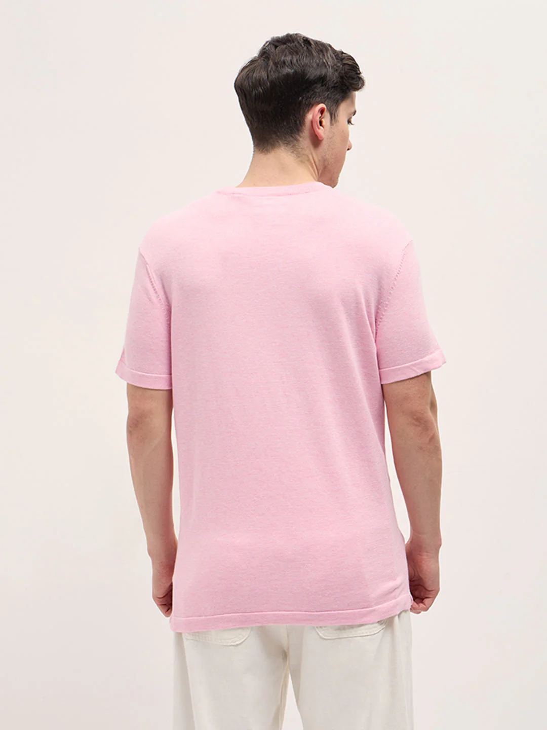 Men Light Pink Solid Regular Fit Ribbed Crew Neck T-shirt - Image 2