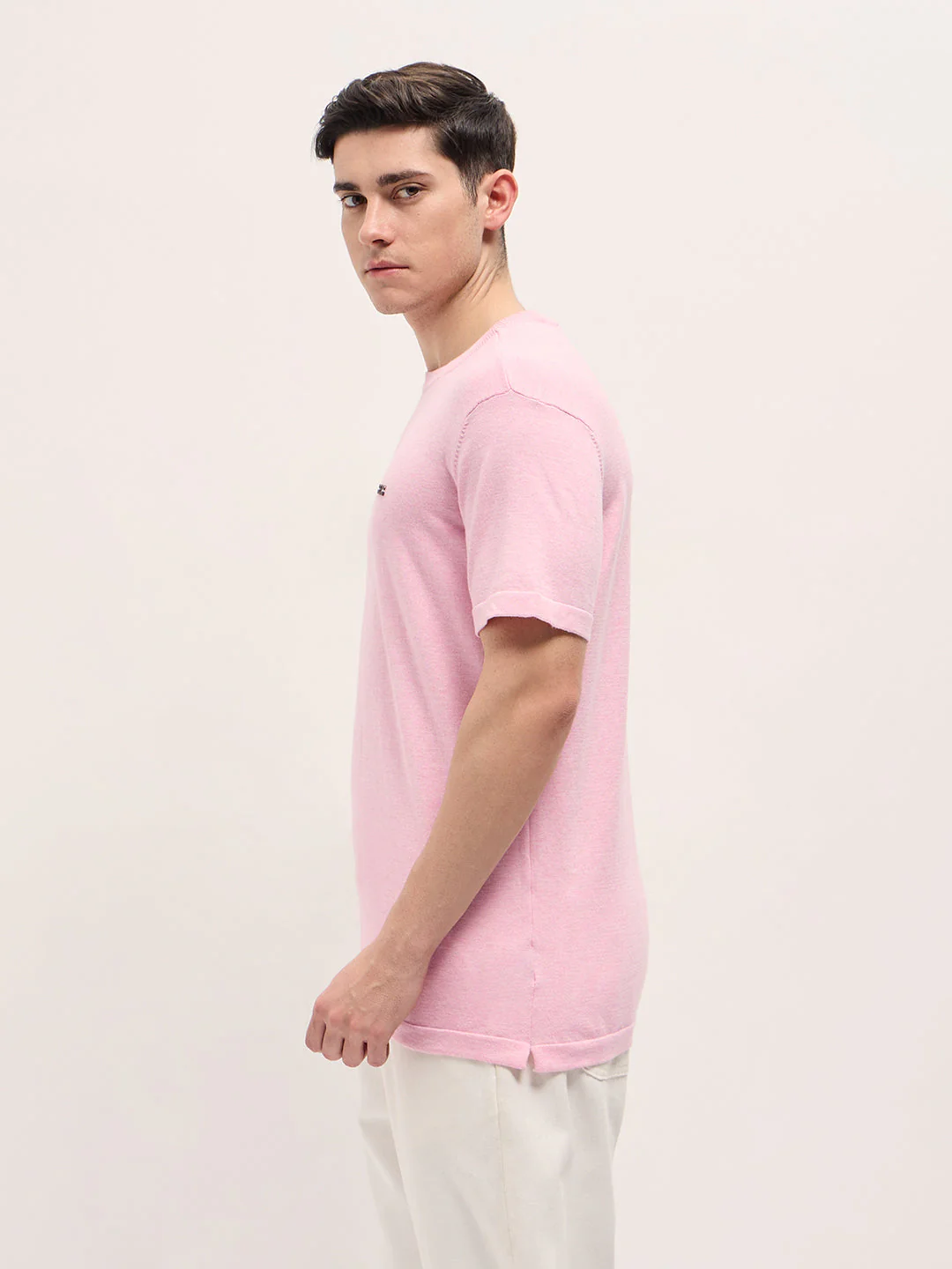 Men Light Pink Solid Regular Fit Ribbed Crew Neck T-shirt - Image 3