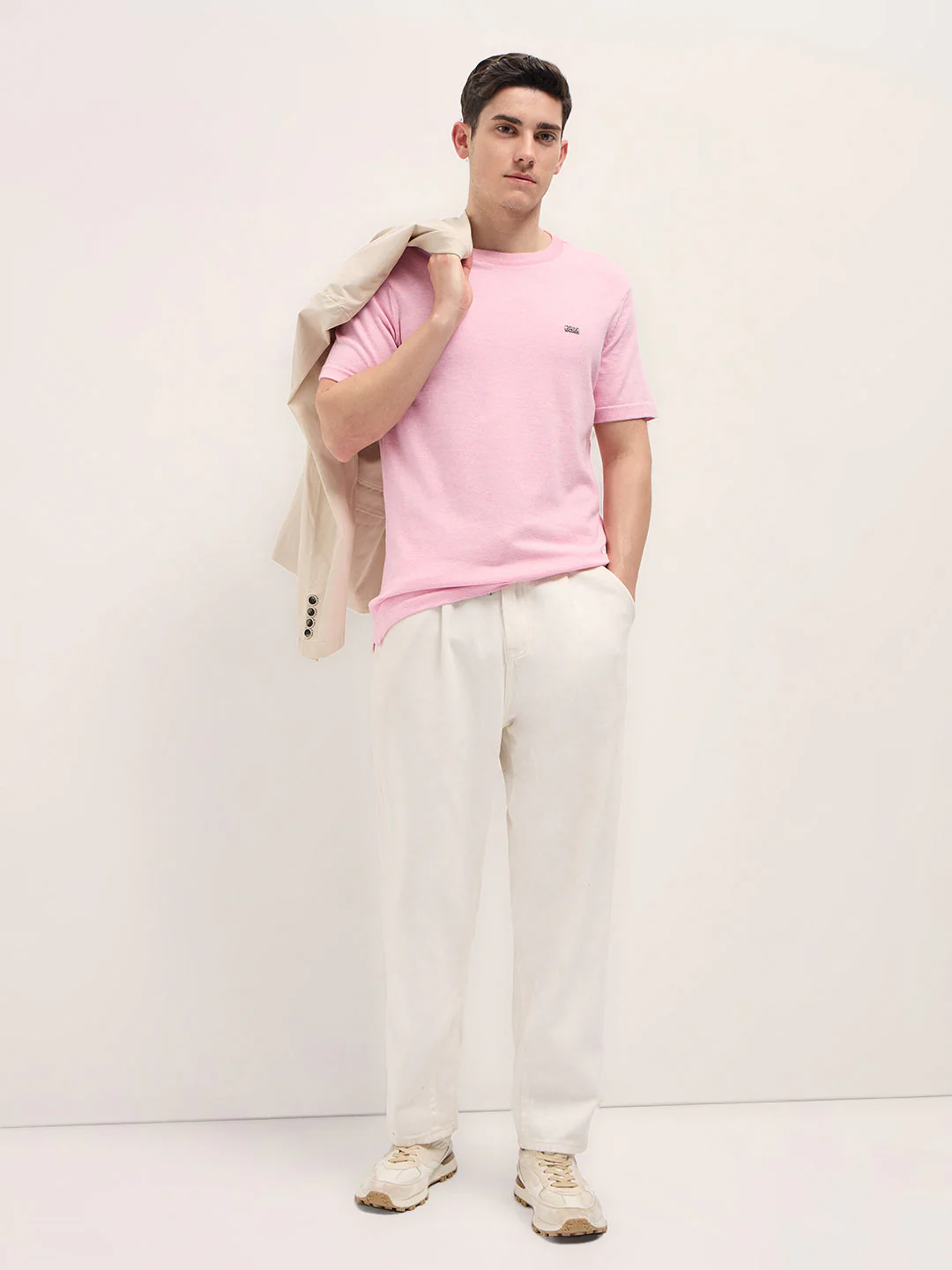 Men Light Pink Solid Regular Fit Ribbed Crew Neck T-shirt - Image 4