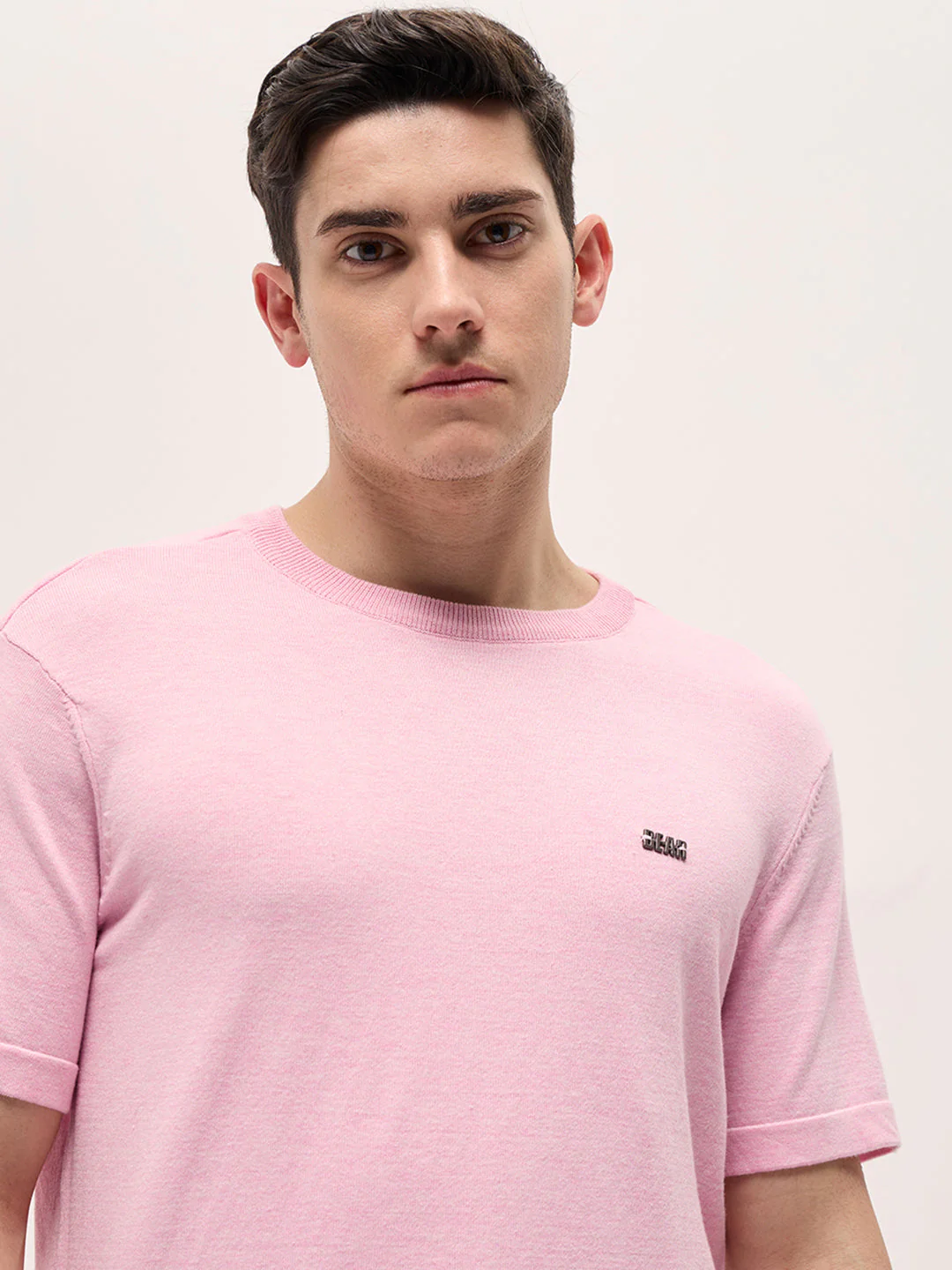 Men Light Pink Solid Regular Fit Ribbed Crew Neck T-shirt - Image 5