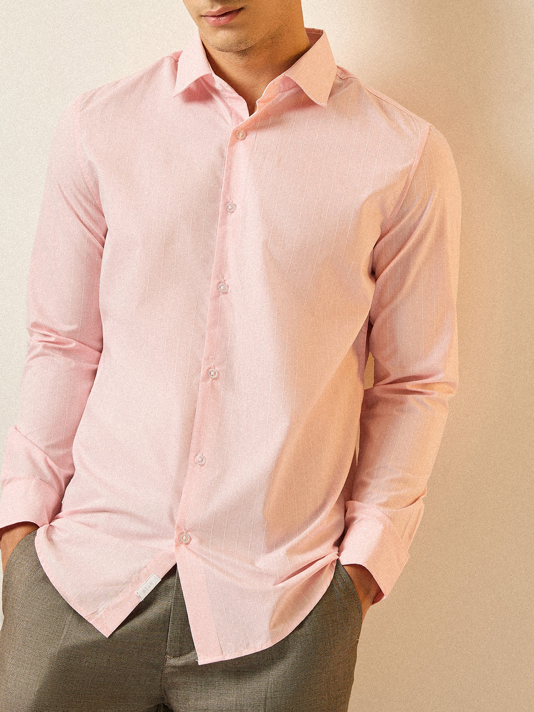 Men Light Pink Striped Tailored Fit Formal Shirt - Image 5