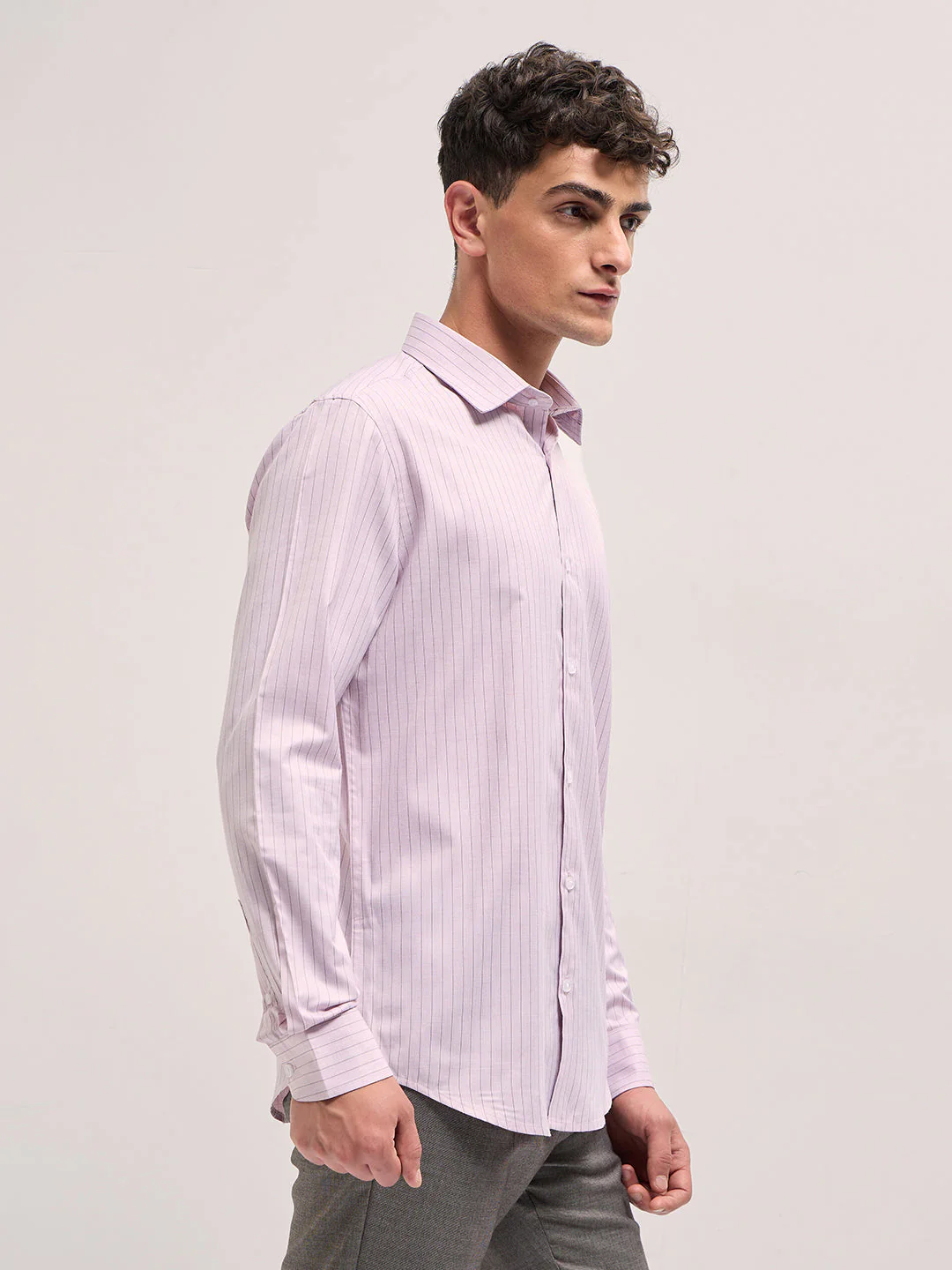 Men Light Pink Vertical Striped Tailored Fit Formal Shirt - Image 3