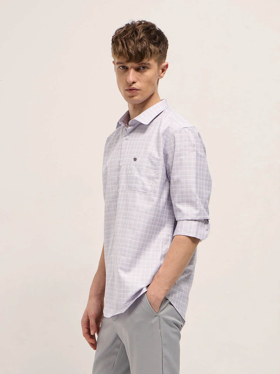 Men Light Purple Checked Tailored Fit Formal Shirt. - Image 3