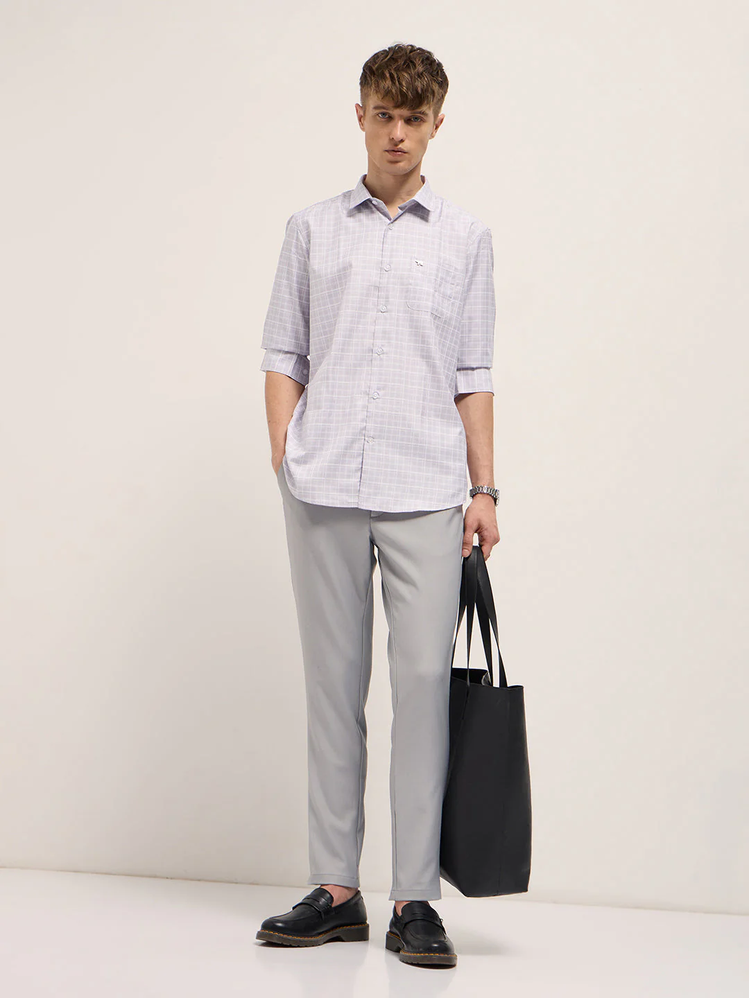 Men Light Purple Checked Tailored Fit Formal Shirt. - Image 4