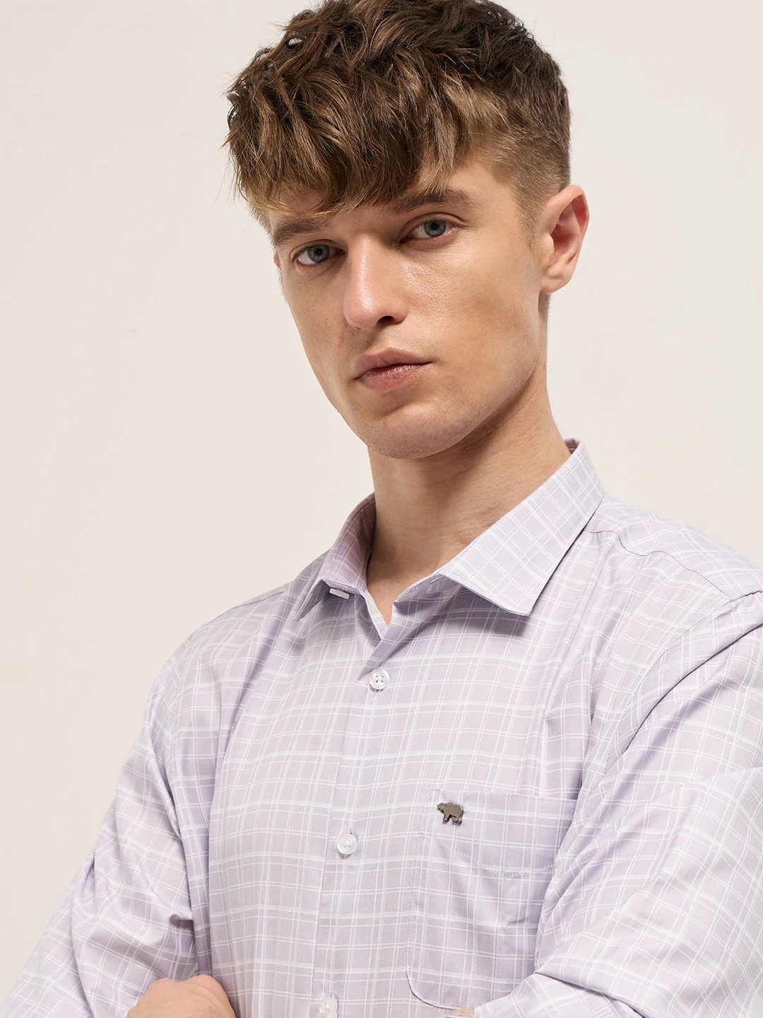 Men Light Purple Checked Tailored Fit Formal Shirt. - Image 5