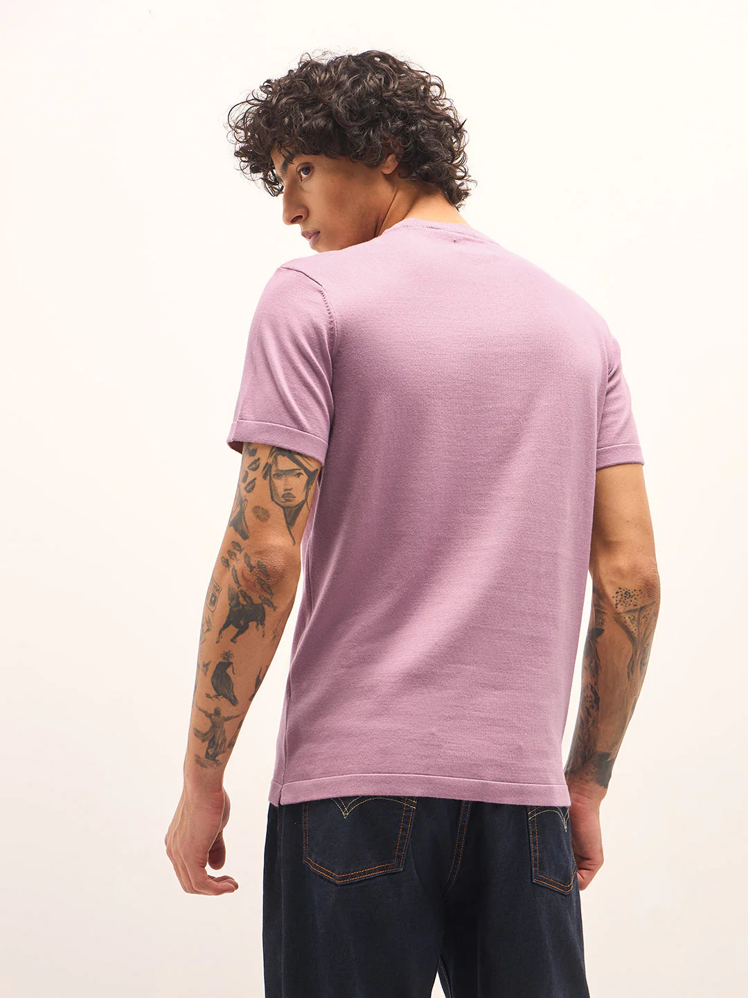 Men Light Purple Solid Regular Fit Ribbed Crew Neck T-shirt - Image 2