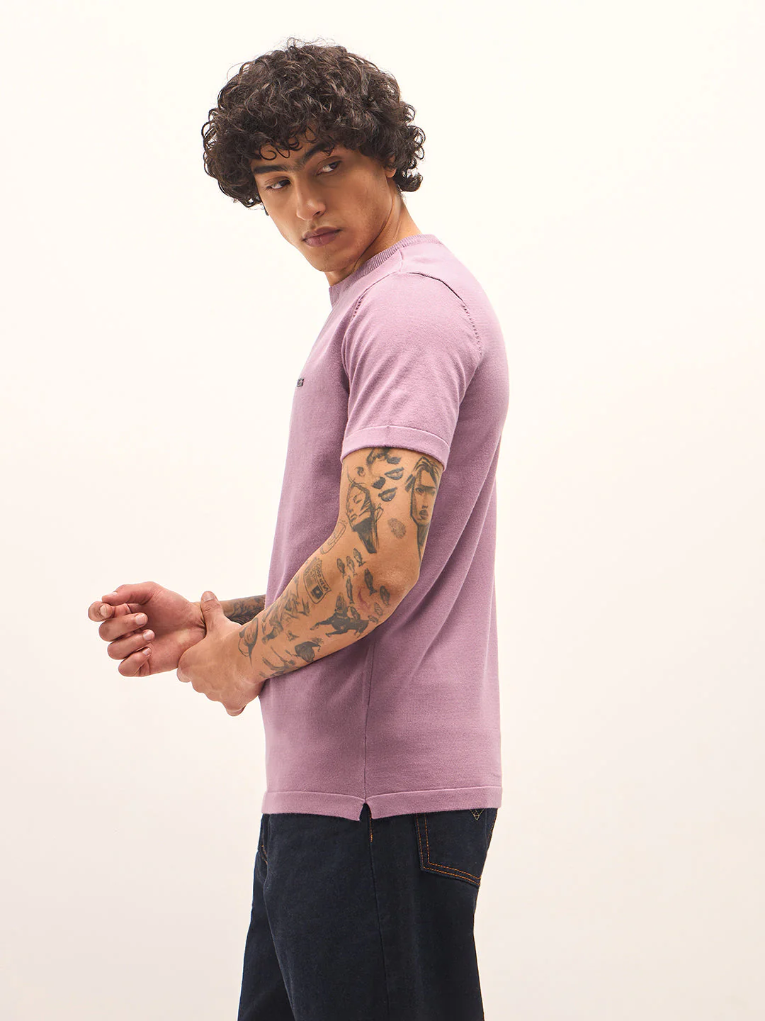 Men Light Purple Solid Regular Fit Ribbed Crew Neck T-shirt - Image 3