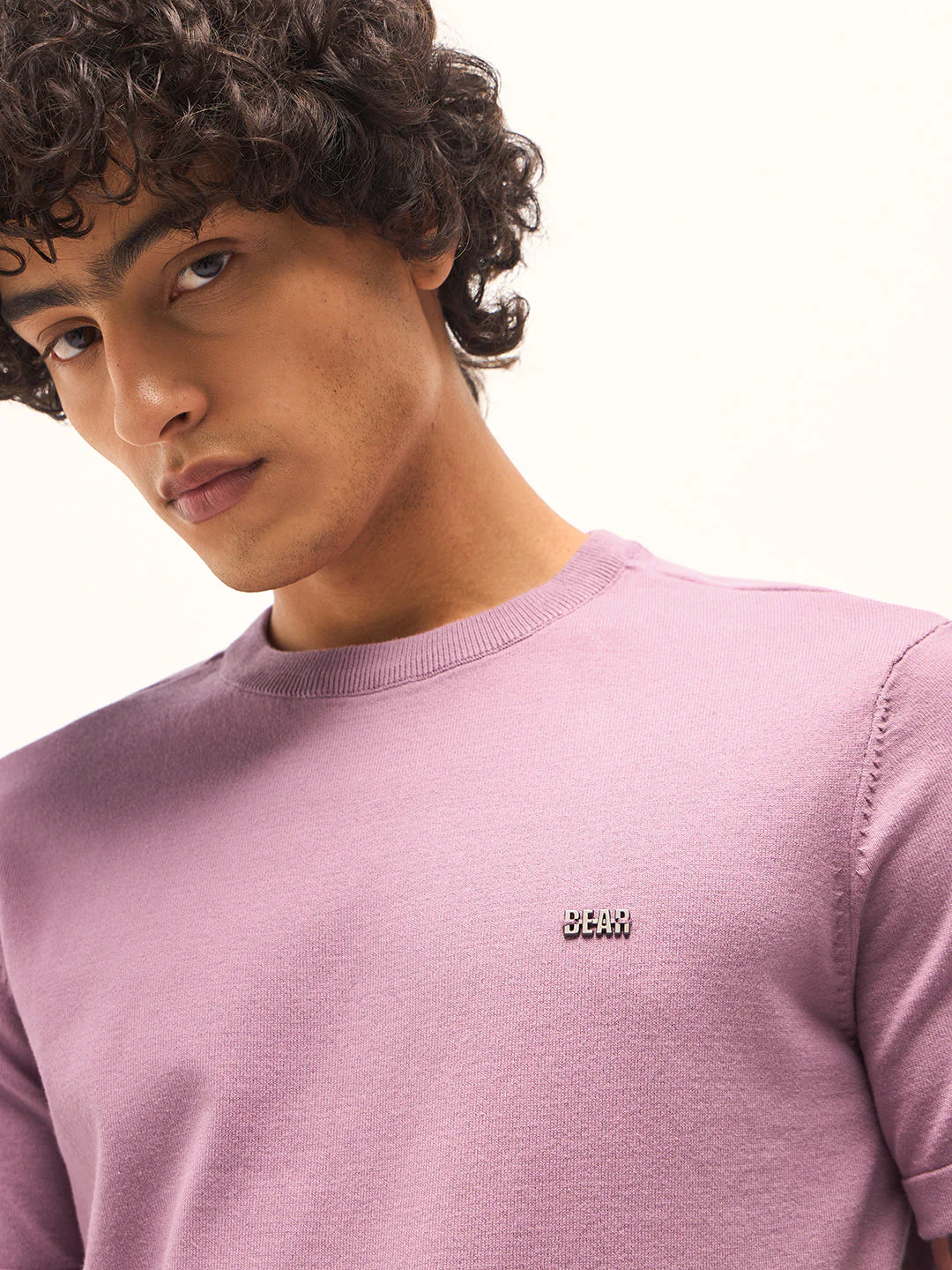 Men Light Purple Solid Regular Fit Ribbed Crew Neck T-shirt - Image 5