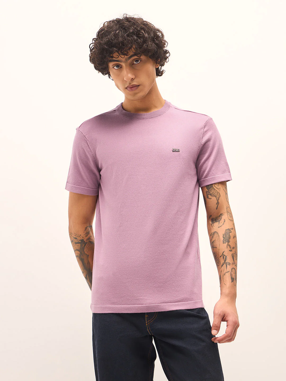 Men Light Purple Solid Regular Fit Ribbed Crew Neck T-shirt - Image 6