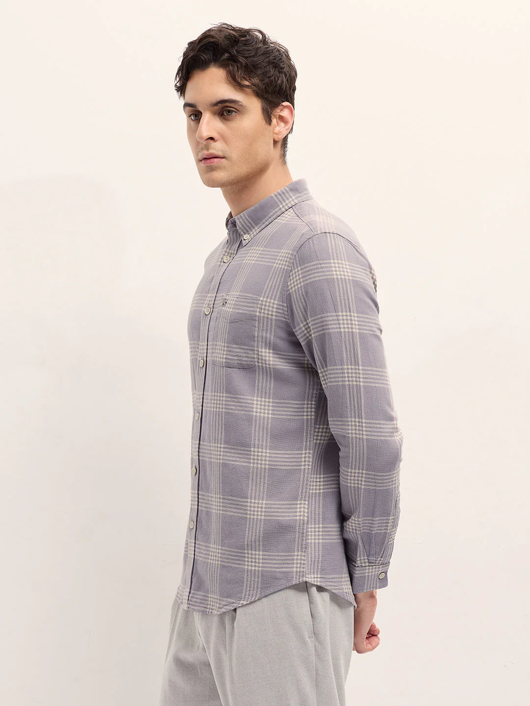 Men Light Purple Woven Checked Design Slim Fit Casual Shirt - Image 3