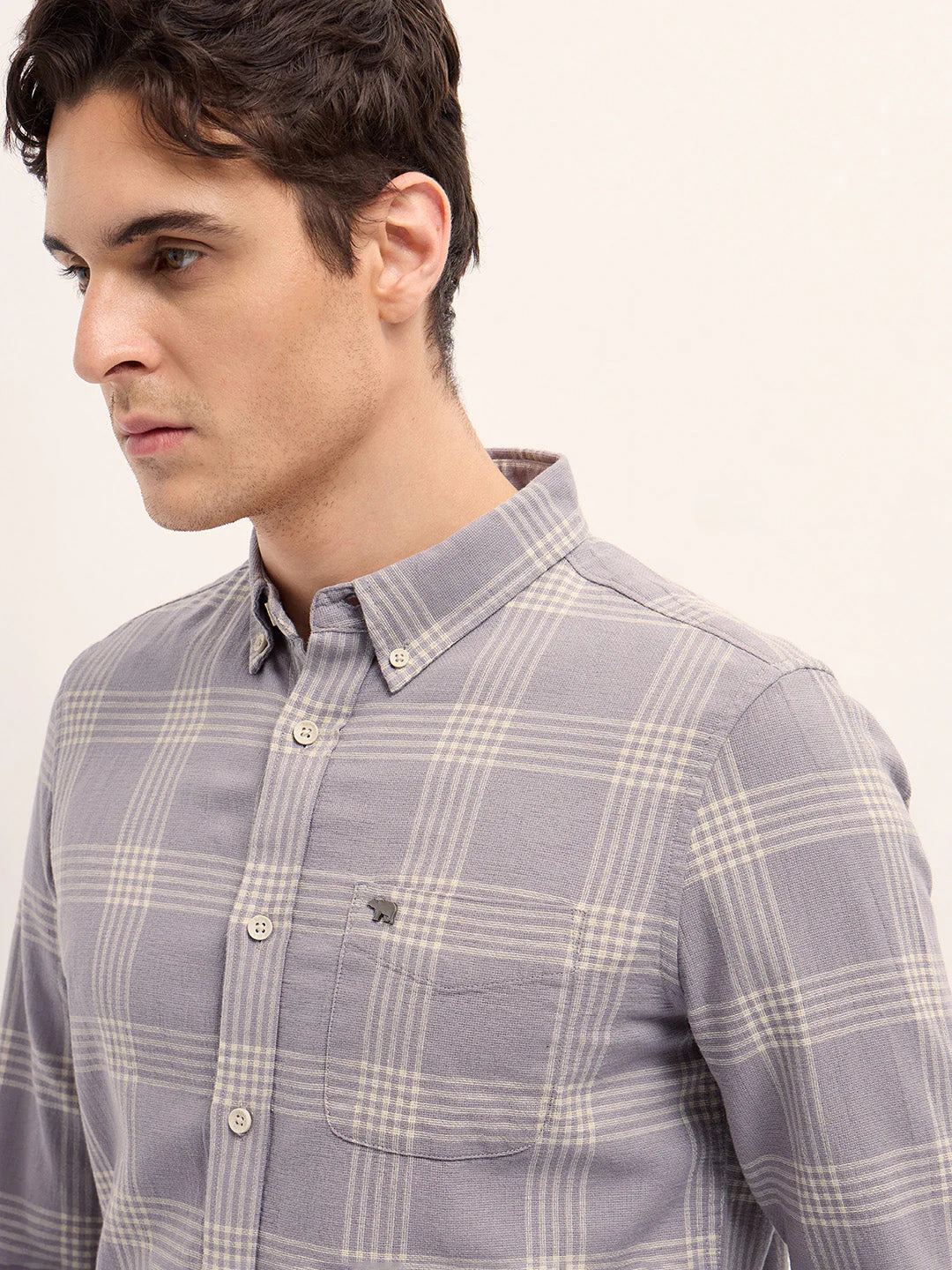 Men Light Purple Woven Checked Design Slim Fit Casual Shirt - Image 5