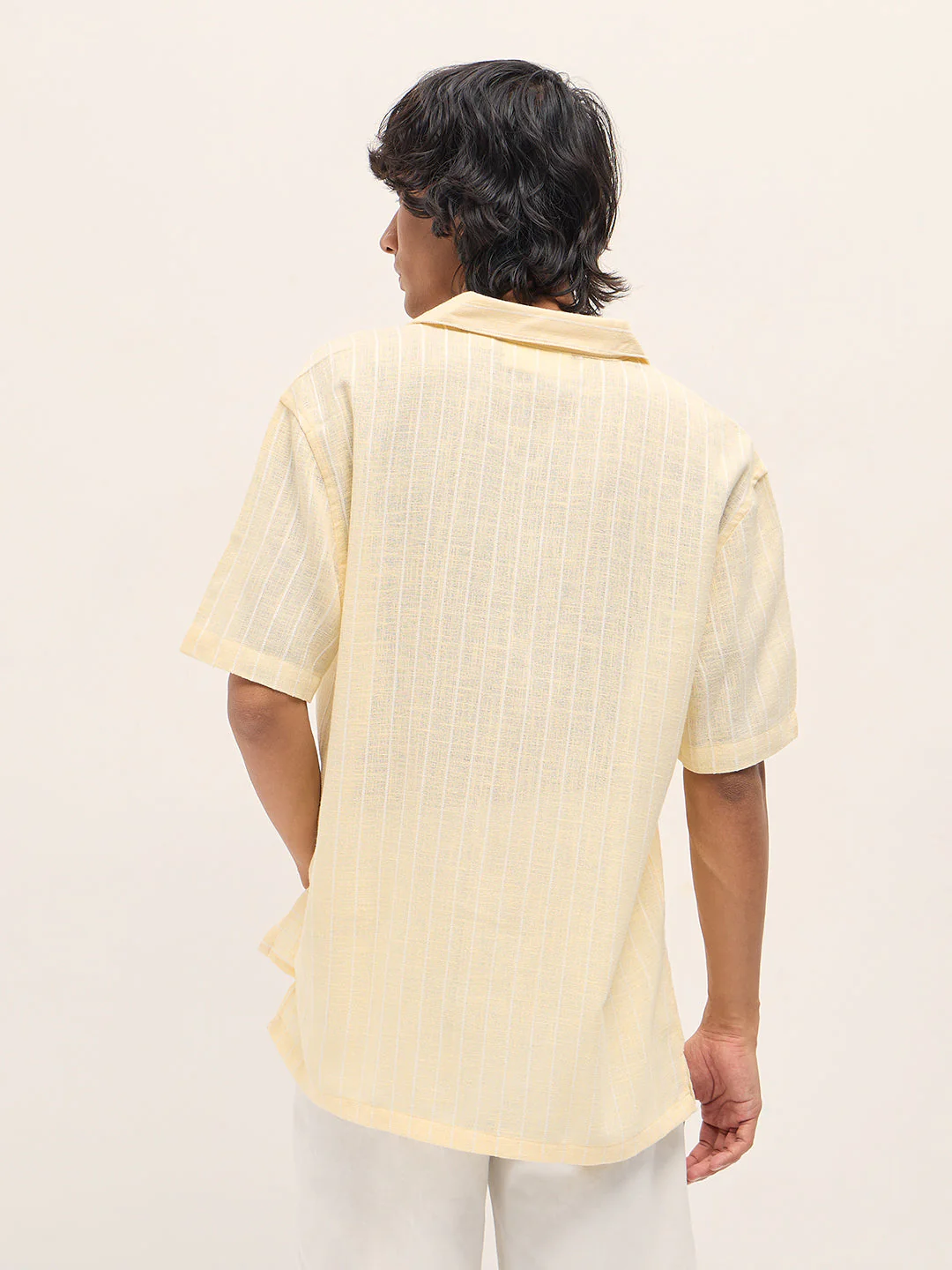 Men Light Yellow Vertical Textured Stripe Relaxed Fit Half Sleeve Casual Shirt - Image 2