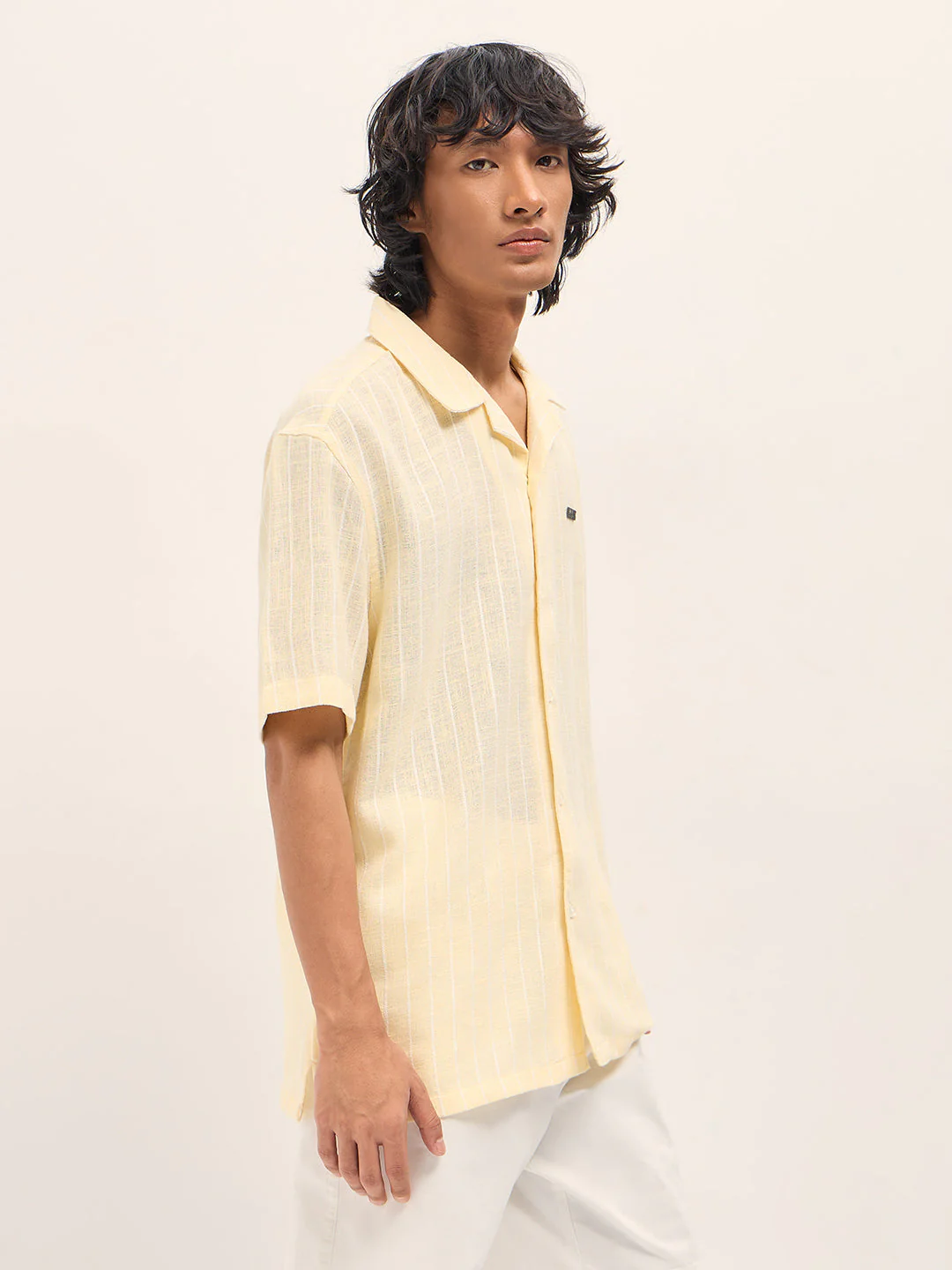 Men Light Yellow Vertical Textured Stripe Relaxed Fit Half Sleeve Casual Shirt - Image 3