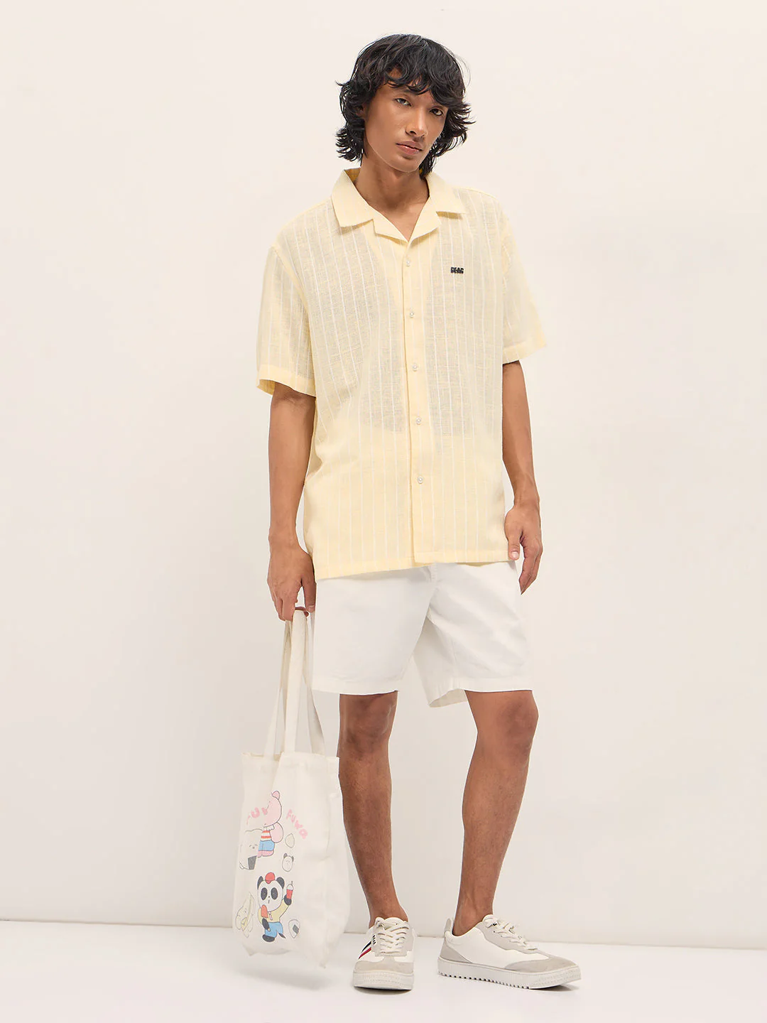 Men Light Yellow Vertical Textured Stripe Relaxed Fit Half Sleeve Casual Shirt - Image 4