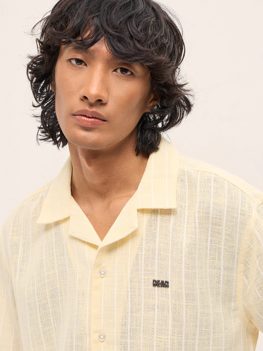 Men Light Yellow Vertical Textured Stripe Relaxed Fit Half Sleeve Casual Shirt - Image 5