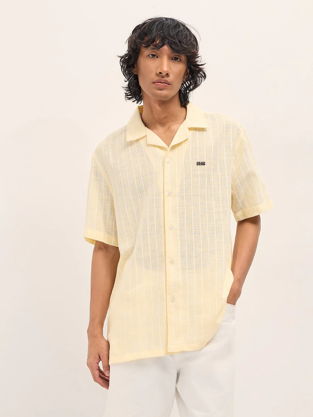 Men Light Yellow Vertical Textured Stripe Relaxed Fit Half Sleeve Casual Shirt - Image 6