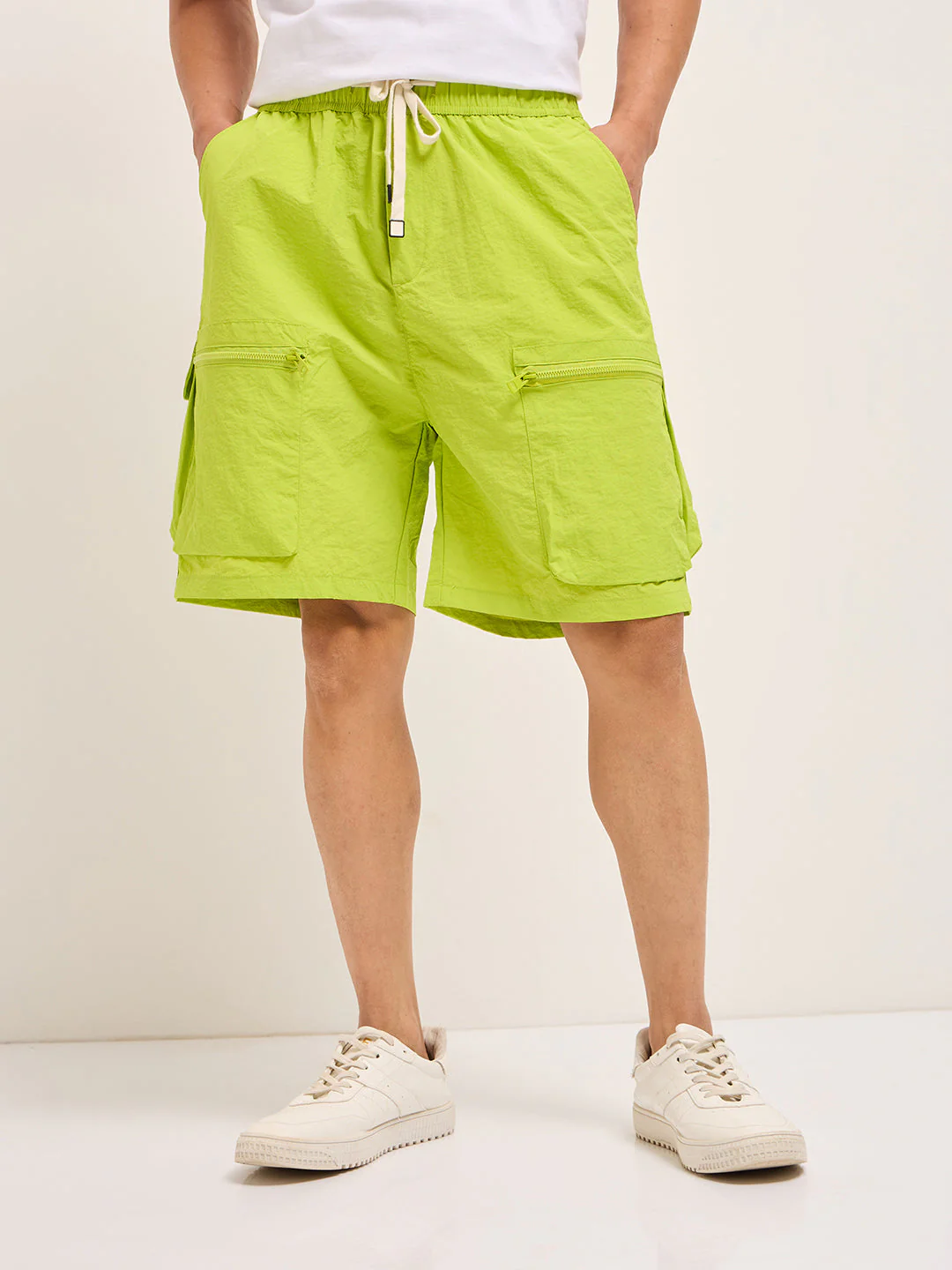 Men Lime Green Polyester Regular Fit Knee-Length Cargo Shorts - Image 6