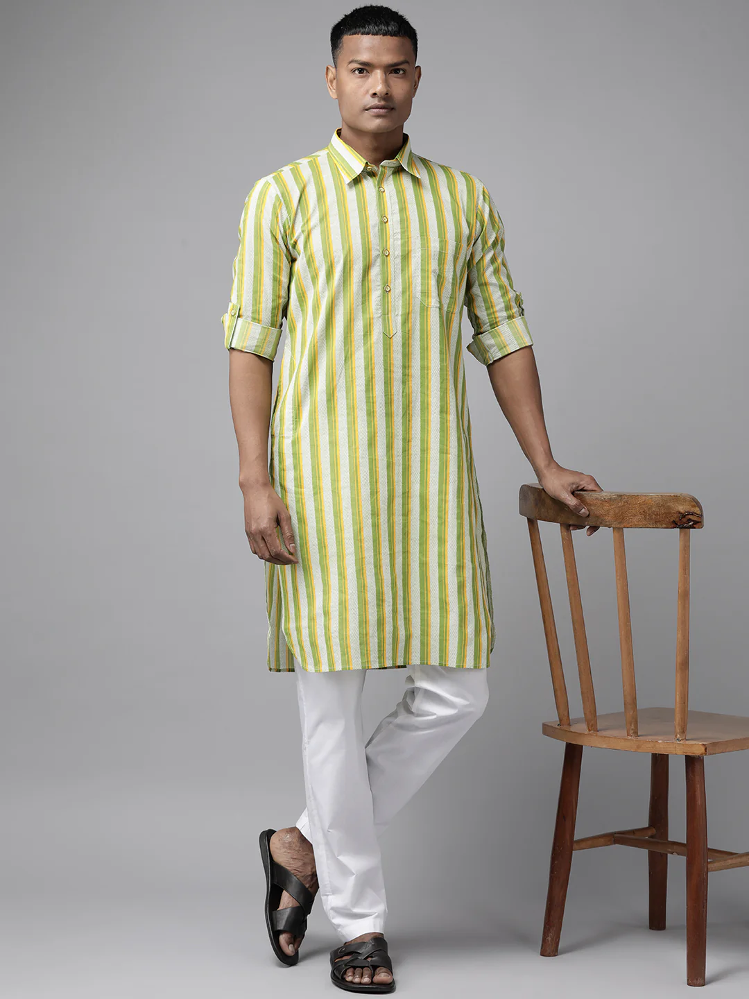 Men Lime Green Regular Pure Cotton Pathani Printed Men'S Kurta