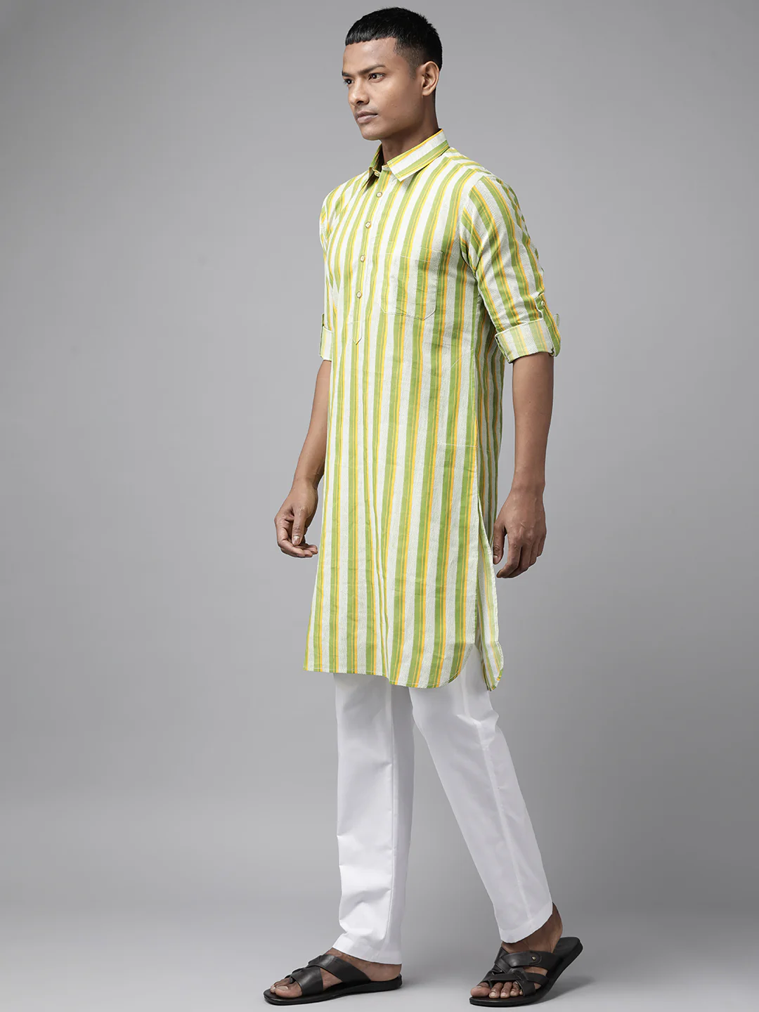Men Lime Green Regular Pure Cotton Pathani Printed Men'S Kurta - Image 4