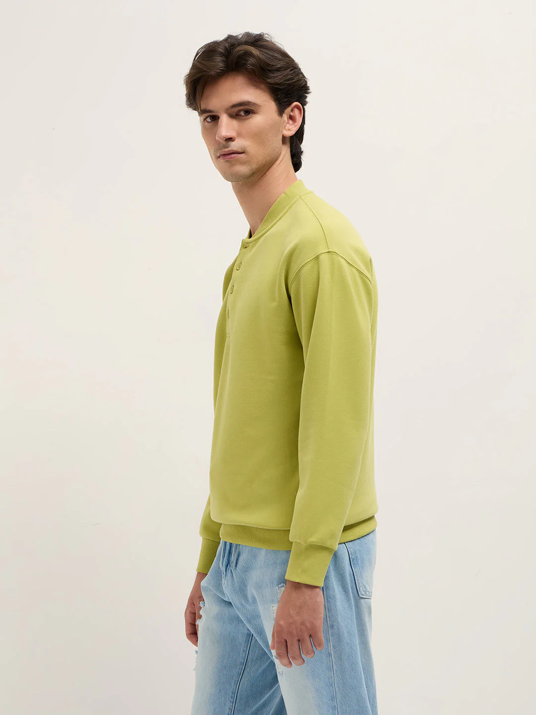 Men Lime Green Solid Relaxed Fit Henley Neck T-Shirt - Image 3