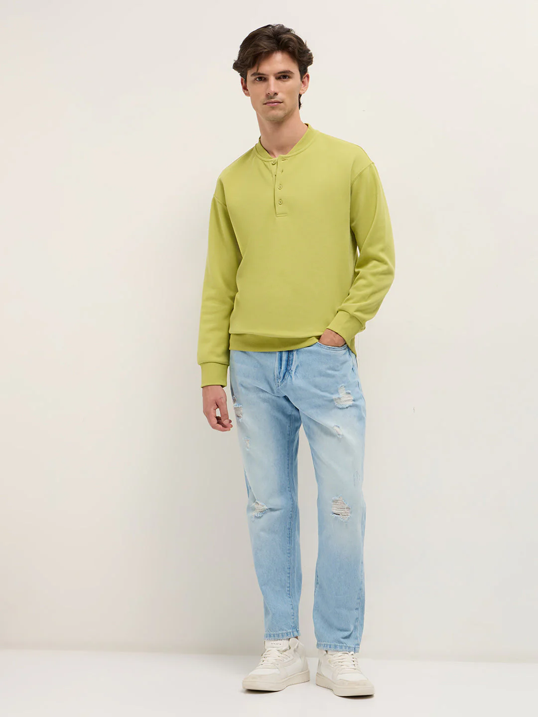 Men Lime Green Solid Relaxed Fit Henley Neck T-Shirt - Image 4