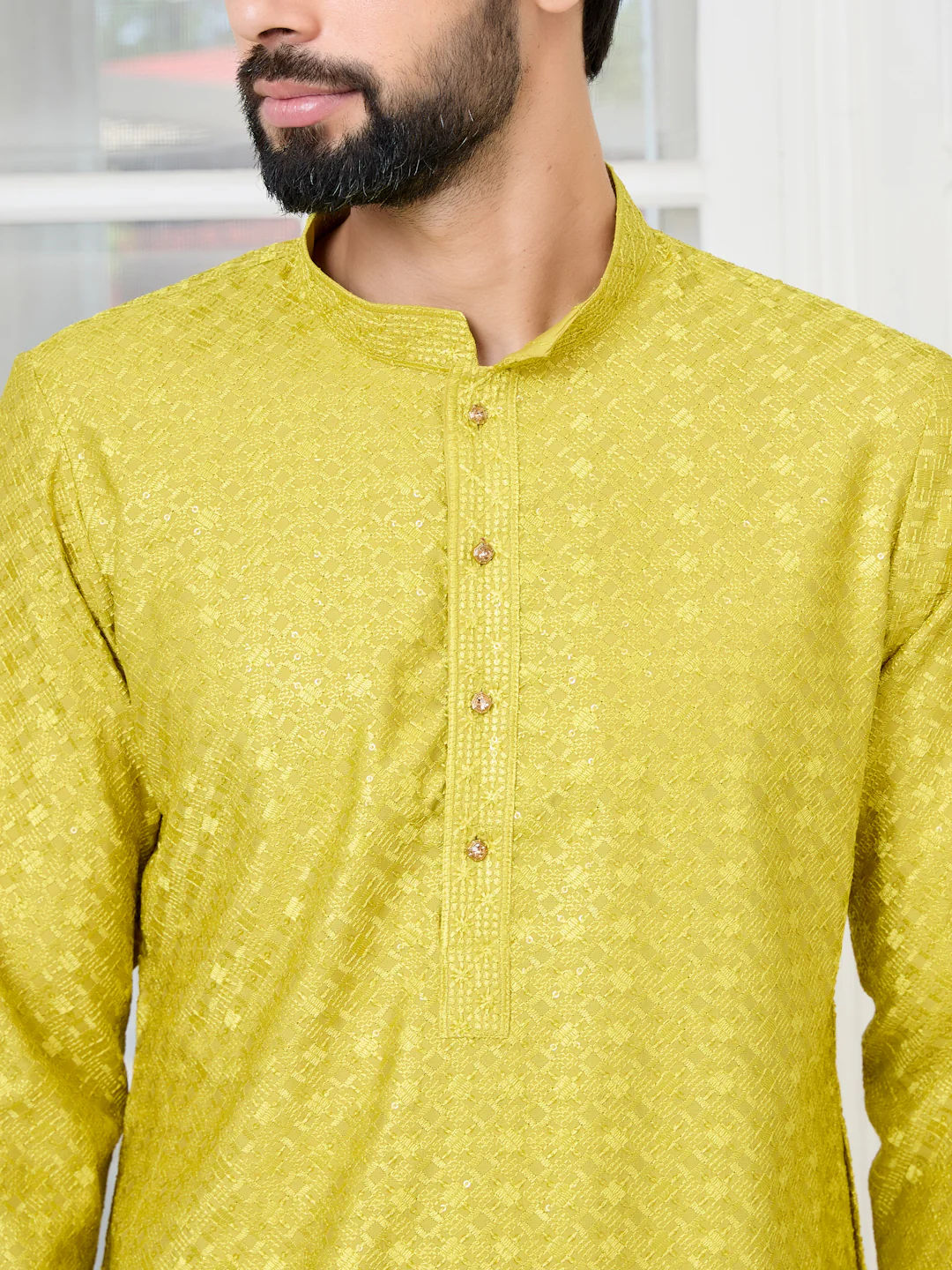 Men Lime Green Thread Embroidered Kurta - Image 2