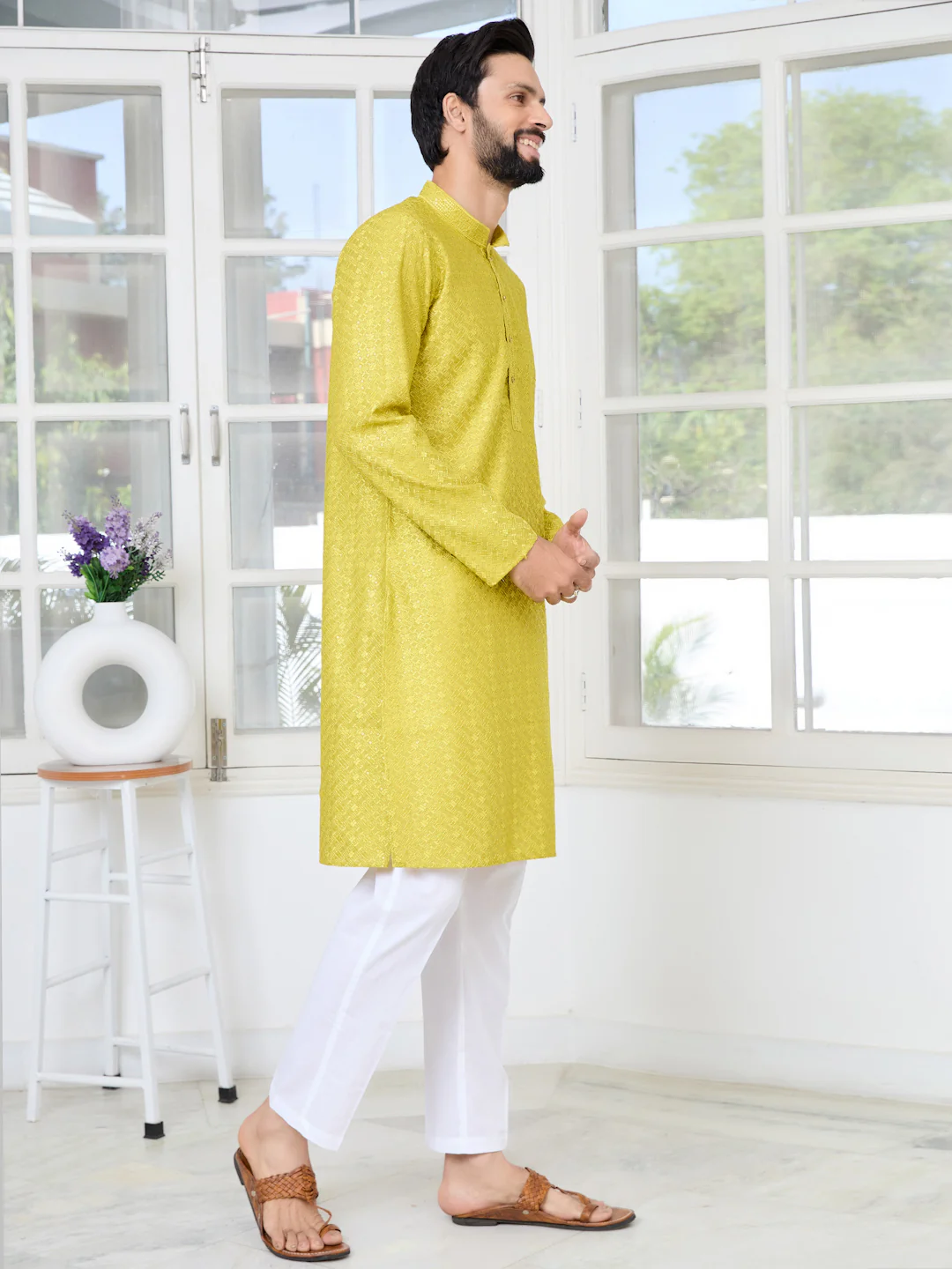 Men Lime Green Thread Embroidered Kurta - Image 3