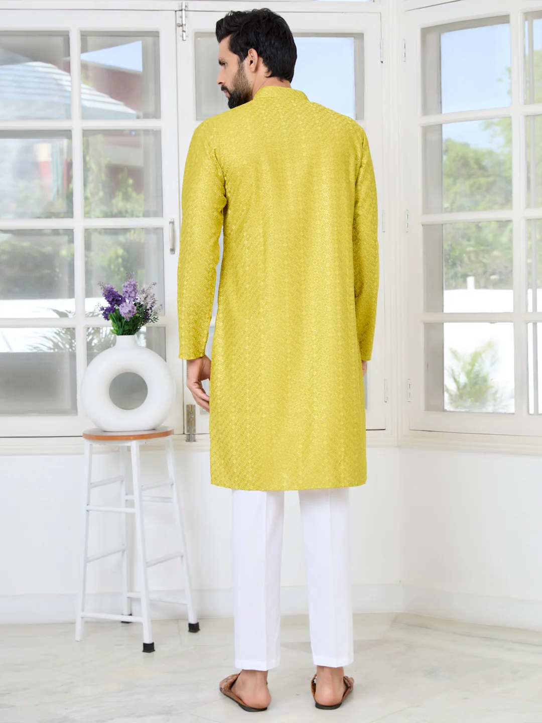 Men Lime Green Thread Embroidered Kurta - Image 4