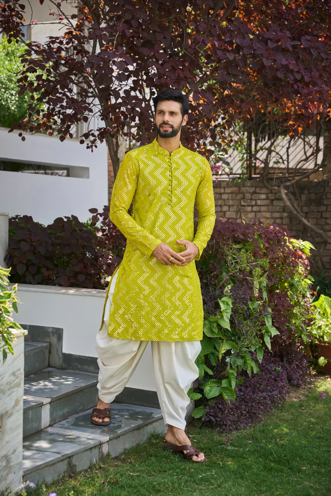 Men Lime Sequins Kurta