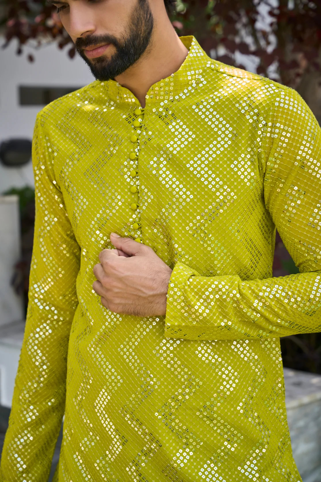 Men Lime Sequins Kurta - Image 2