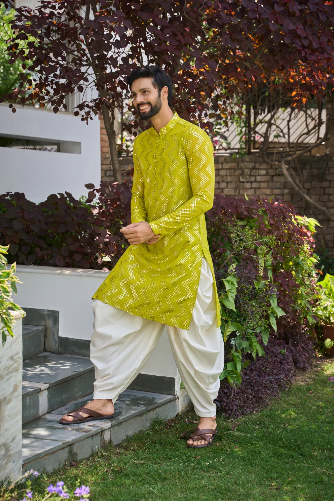 Men Lime Sequins Kurta - Image 3