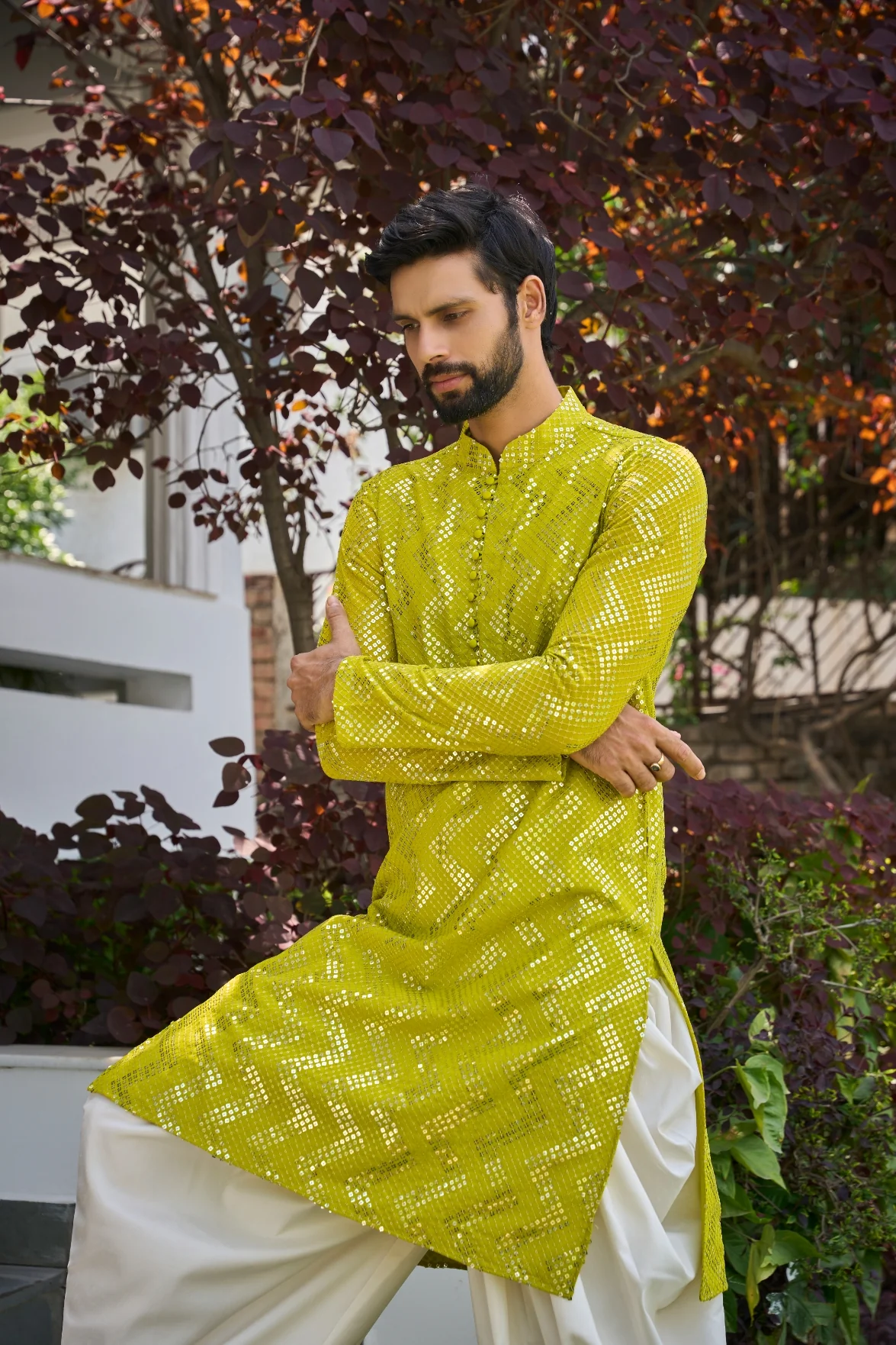 Men Lime Sequins Kurta - Image 4