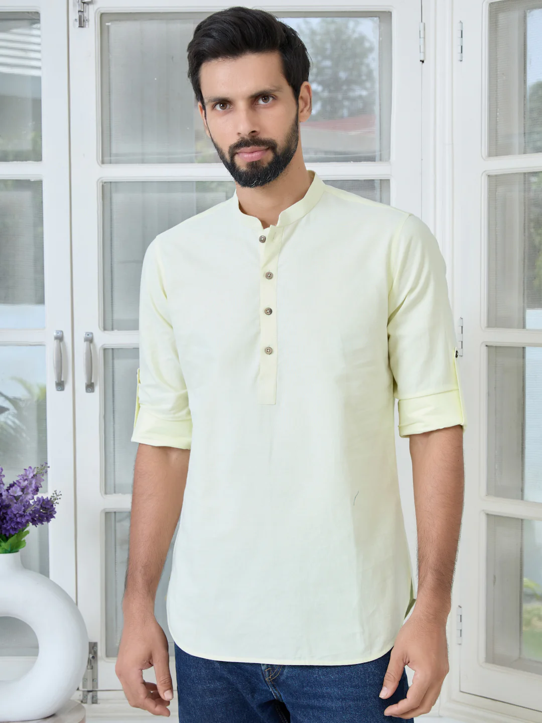 Men Lime Solid cotton Short Kurta