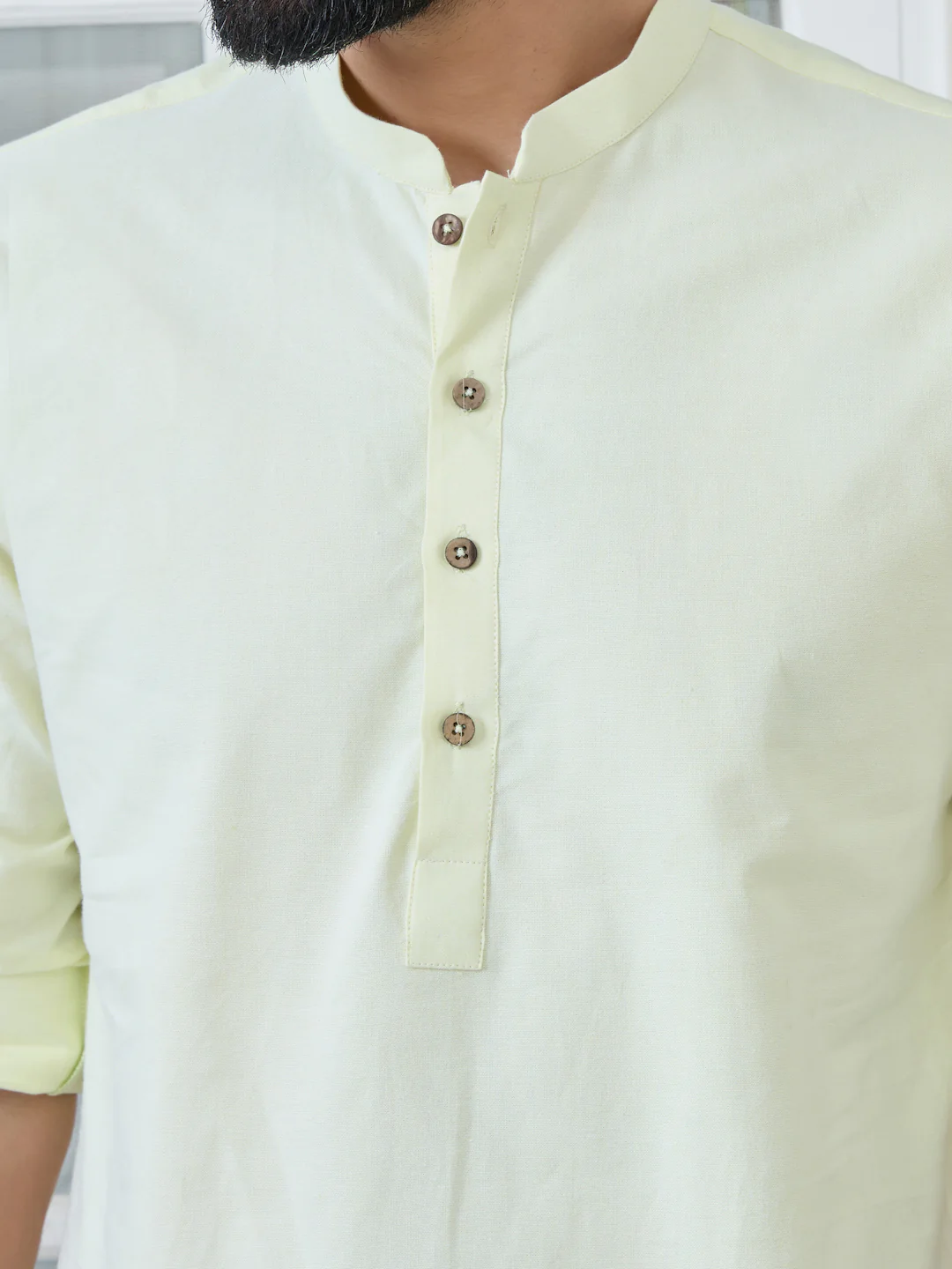 Men Lime Solid cotton Short Kurta - Image 2