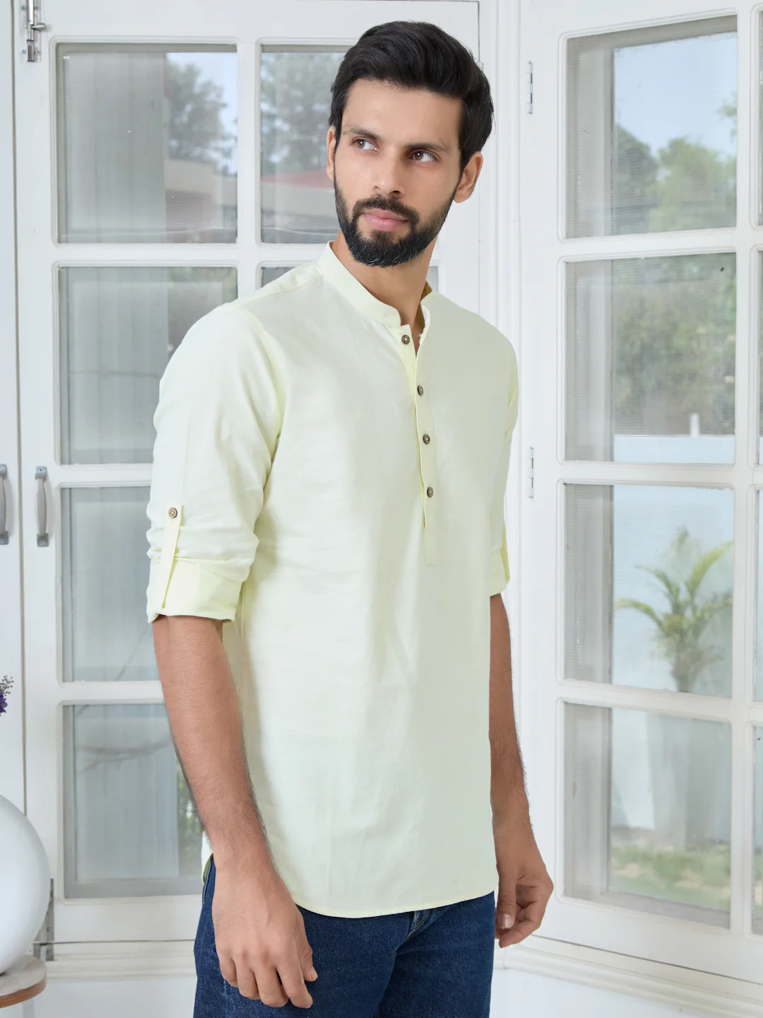 Men Lime Solid cotton Short Kurta - Image 3