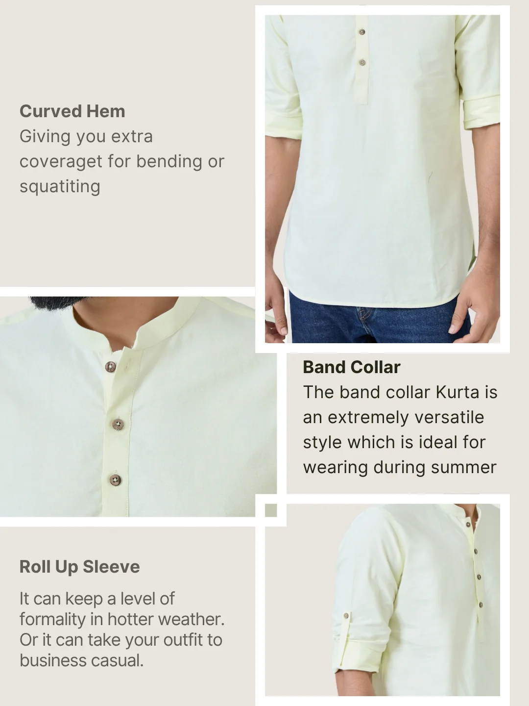 Men Lime Solid cotton Short Kurta - Image 4